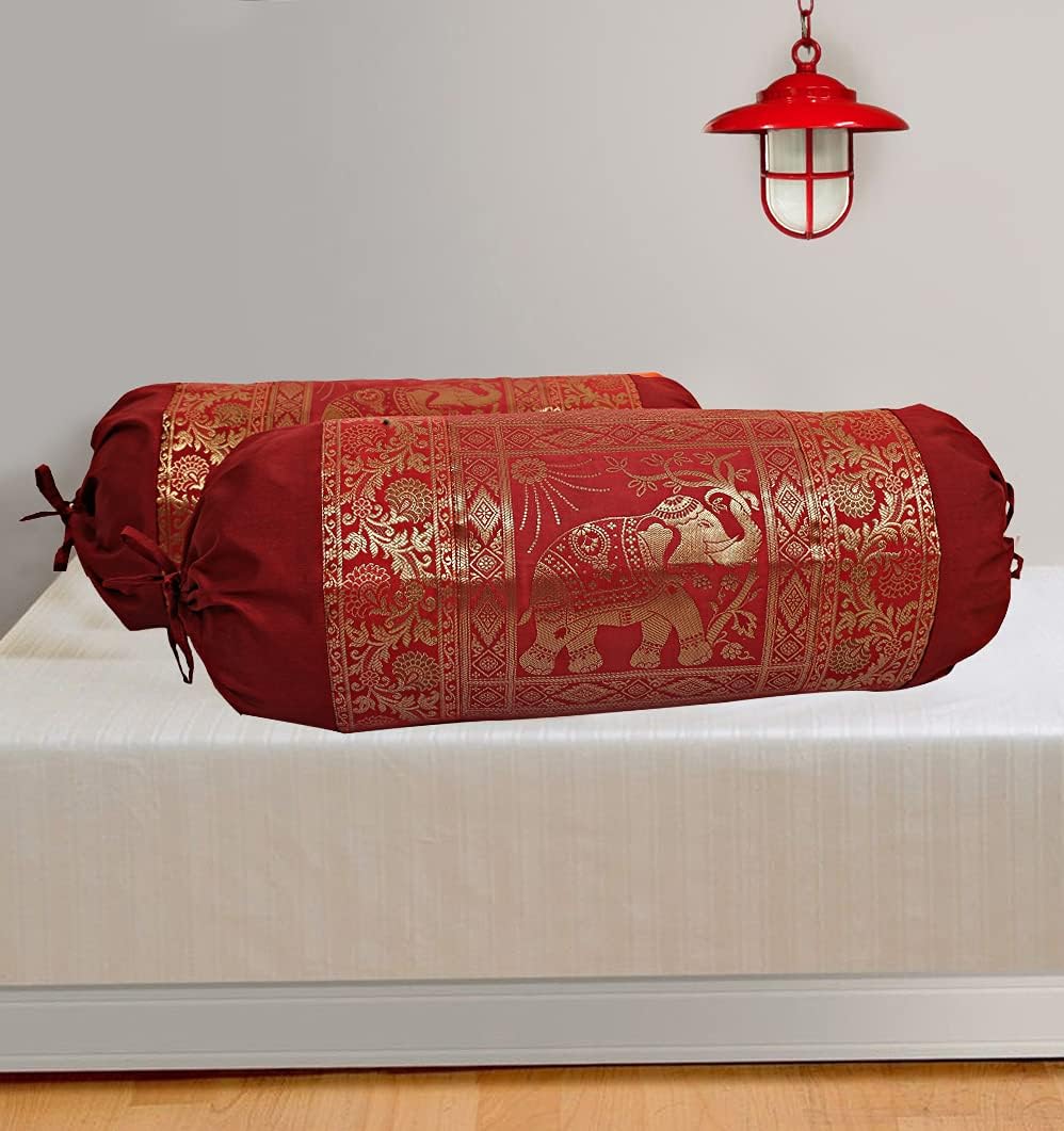 Ethnic Jacquard Brocade Silk Bolster Throw Pillows for Couch Elephant Maroon Yoga Massand Living Room Decorative Cylindrical Hotdog Traditional Throw Pillowcase 76x38 cm - Set of 2 Pcs