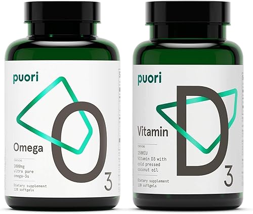 Puori Paquete de suplemento de aceite de pescado Omega 3 y vitamina D3, para la función muscular, la salud ósea, el apoyo inmunológico y la