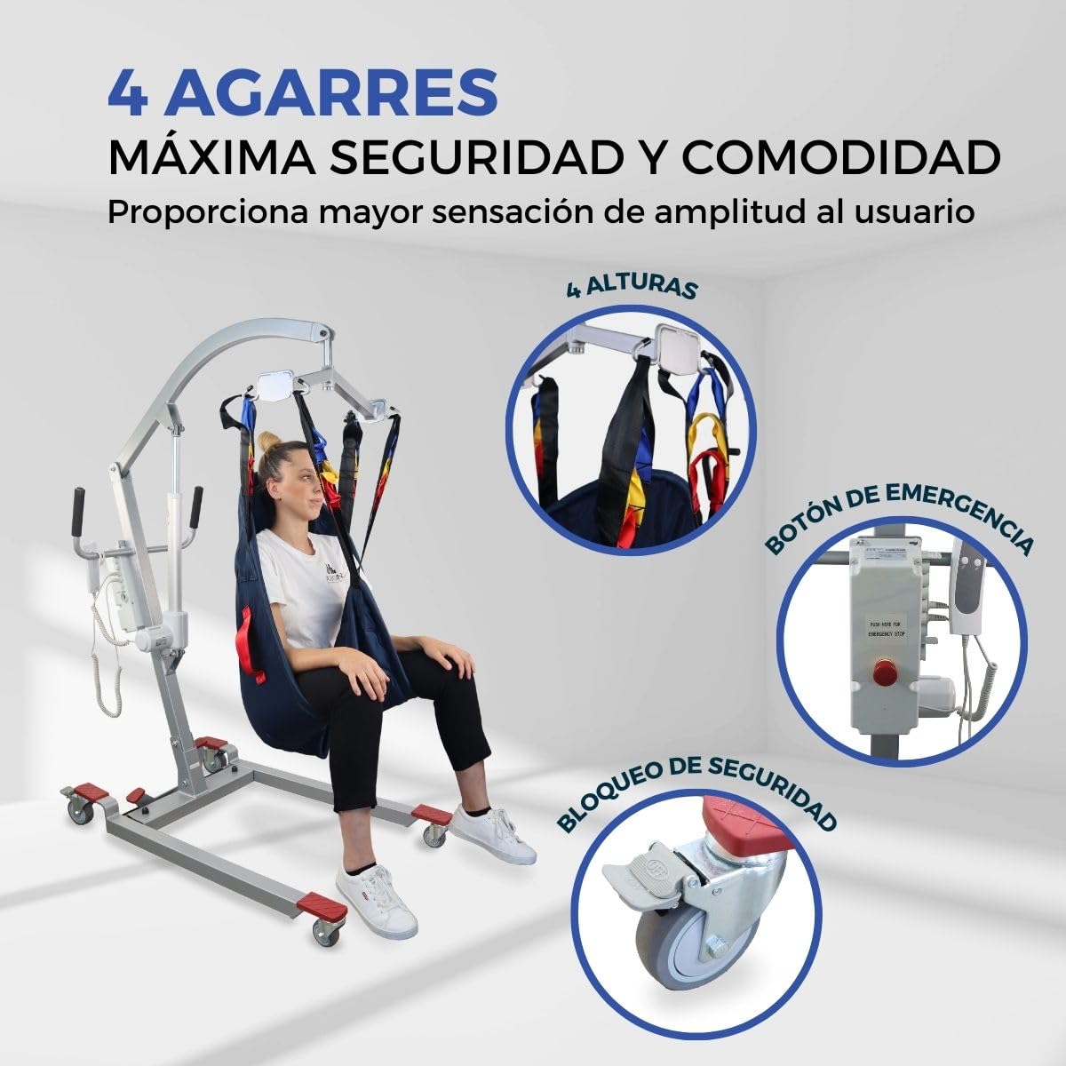 Mobiclinic®, Grúa para Personas Mayores Eléctrica, Hasta 180 kg, Incluye Arnés de Transferencia, Ancho Ajustable, Uso Mientras se Carga, Ruedas con Freno, Segura, Acero, Fortuna Basic