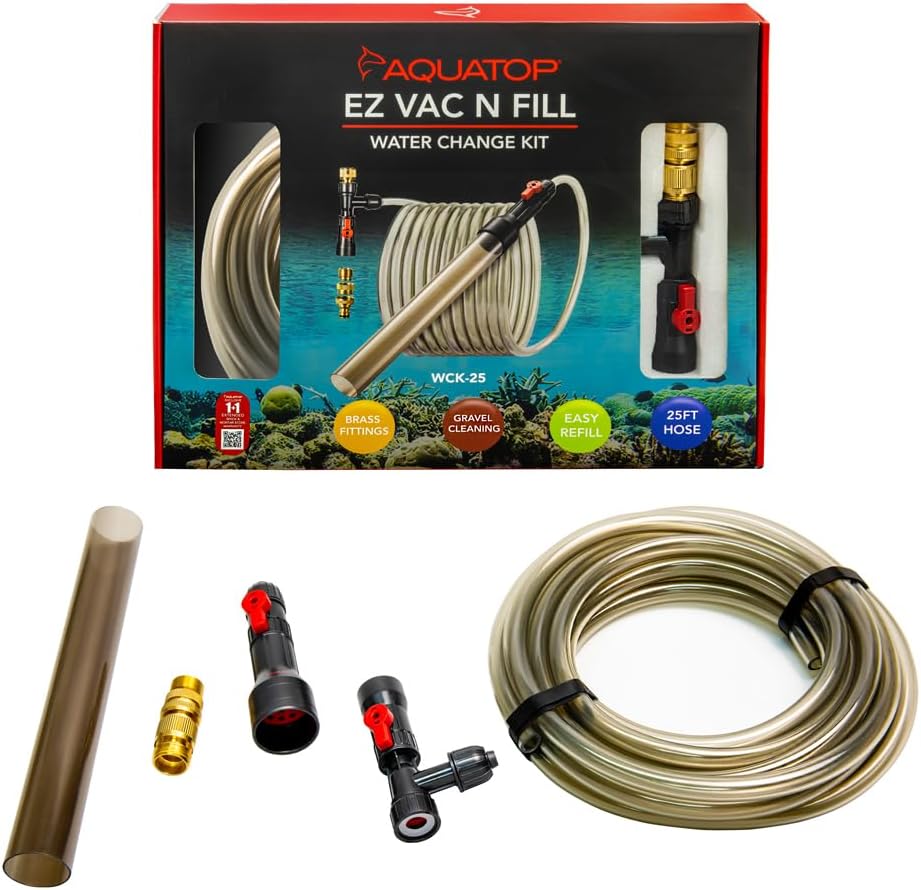 Aquatop EZ Vac-N-Fill 25Ft Aquarium Vacuum & Refill Kit – WCK-25 – Long Reach Gravel Cleaner with Brass Adapters – Simplifies Tank Maintenance & Refills
