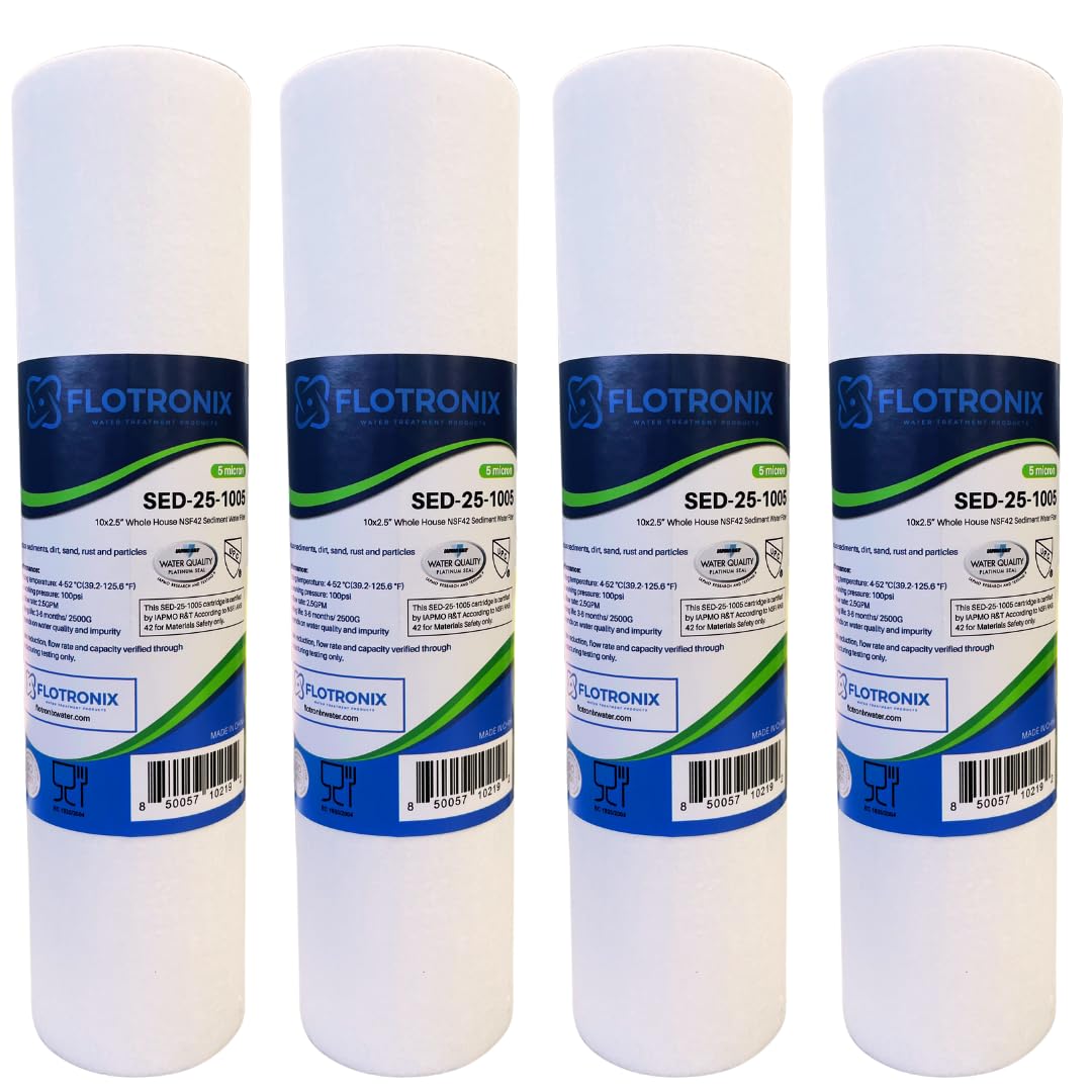 Flotronix 5 Micron 10" x 2.5" Sediment Filter, 4 Pack - Whole House Water Filter Replacement
