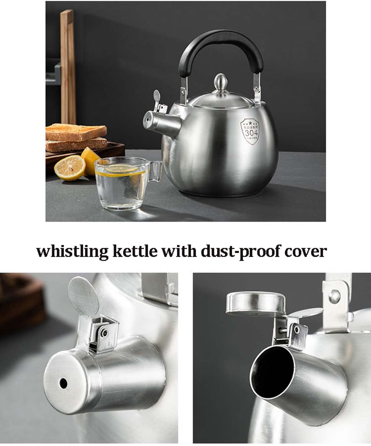 Tetera silbante de acero inoxidable, hervidor saludable para estufa, compatible con inducción/gas, hervidor de agua portátil con mango de 2.5 cuartos de galón de capacidad para uso doméstico y