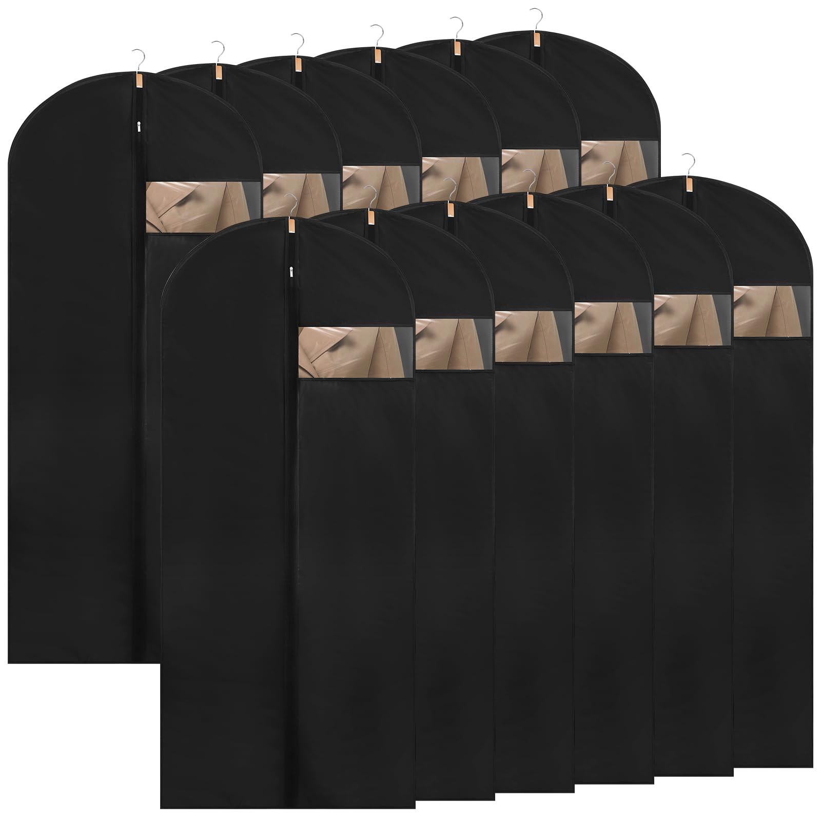 12 Pack Dress Bags Covers long, Black Hanging Garment Bags Waterproof Dustproof Clothes Covers for Gowns, Wedding Dress, Trench Coats, Suits (60cm*140cm)