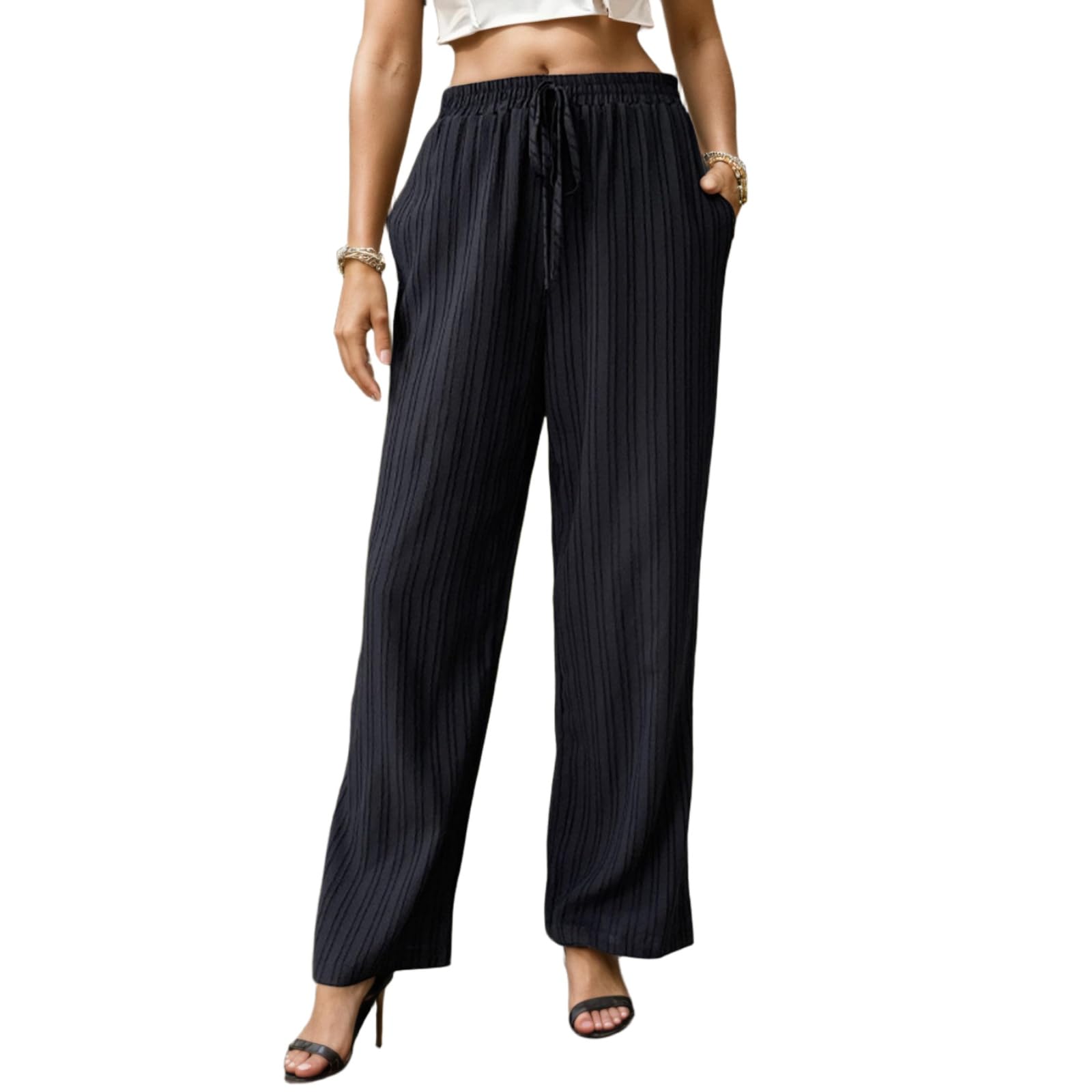 Casual Loose Palazzo Pants for Women Summer Wide Leg Pants Elastic High Waist Drawstring Trousers with Pockets Black