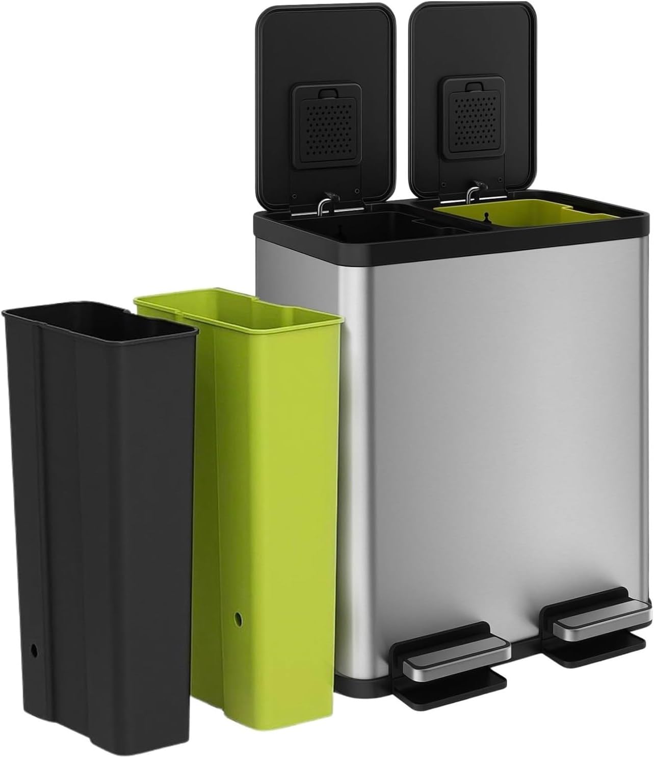 16 Gallon (30L x 30L) Dual Compartment Step Trash Can – Kitchen Garbage Can with Slow-Close Lids – Waste & Recycling Bins, Odor Control, Hands-Free, Easy to Clean, Stainless Steel
