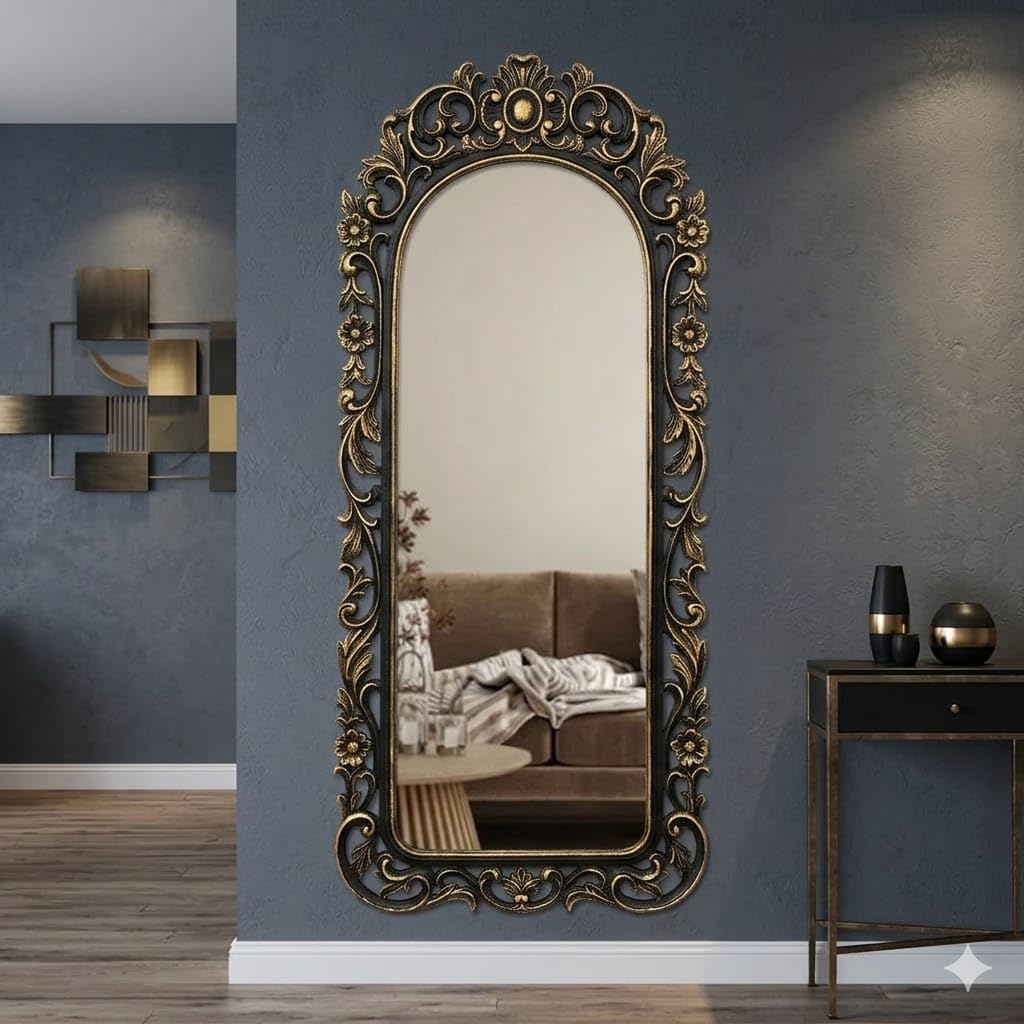 Royal TRAERS Carved Wooden Wall Mirror Frame, Antique Gold Finish, Rectangular, Traditional Style, Large, for Living Room and Bedroom Decor (Black Gold)-picture-18