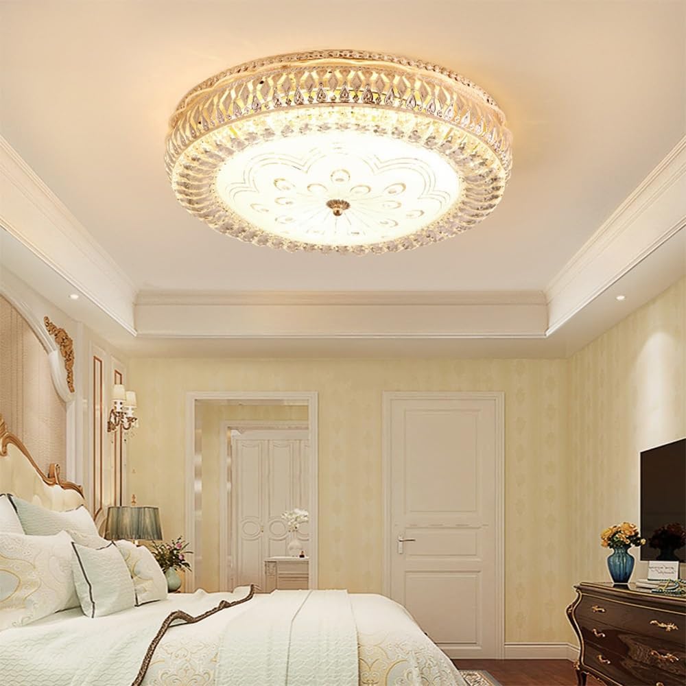 20-calowa złota lampa sufitowa LED z możliwością ściemniania, kryształowy klosz bębnowy, 3CCT (3000K/4000K/5000K), do sypialni i salonu