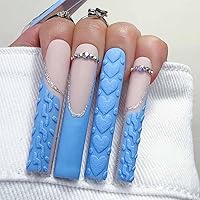 Vista 20 de Uñas postizas cuadradas a presión, acrílicas, francesas, con remolinos cortos, lindas uñas postizas azules para mujer, uso diario, uñas artificiales