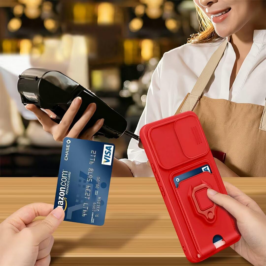 Funda Compatible con Xiaomi Redmi Note 8,Cuello Cordón Carcasa Silicona Suave,Ranura con Tarjetas,Carcasa Cubierta cámara Deslizante Proteger, Anillo Soporte (Rojo) - 4