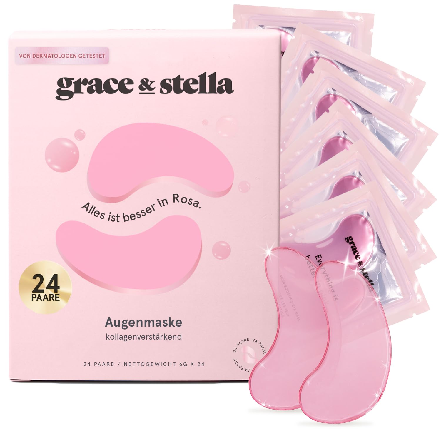 grace & stella - Preisgekrönte Augenpads gegen Augenringe, Eye Pads Reduzieren Dunkle Augenringe, Augenmaske gegen Tränensäcke, Kühlende und Erfrischende Augenpflege, Eyepads mit Gel [24 Paare, Rosa]