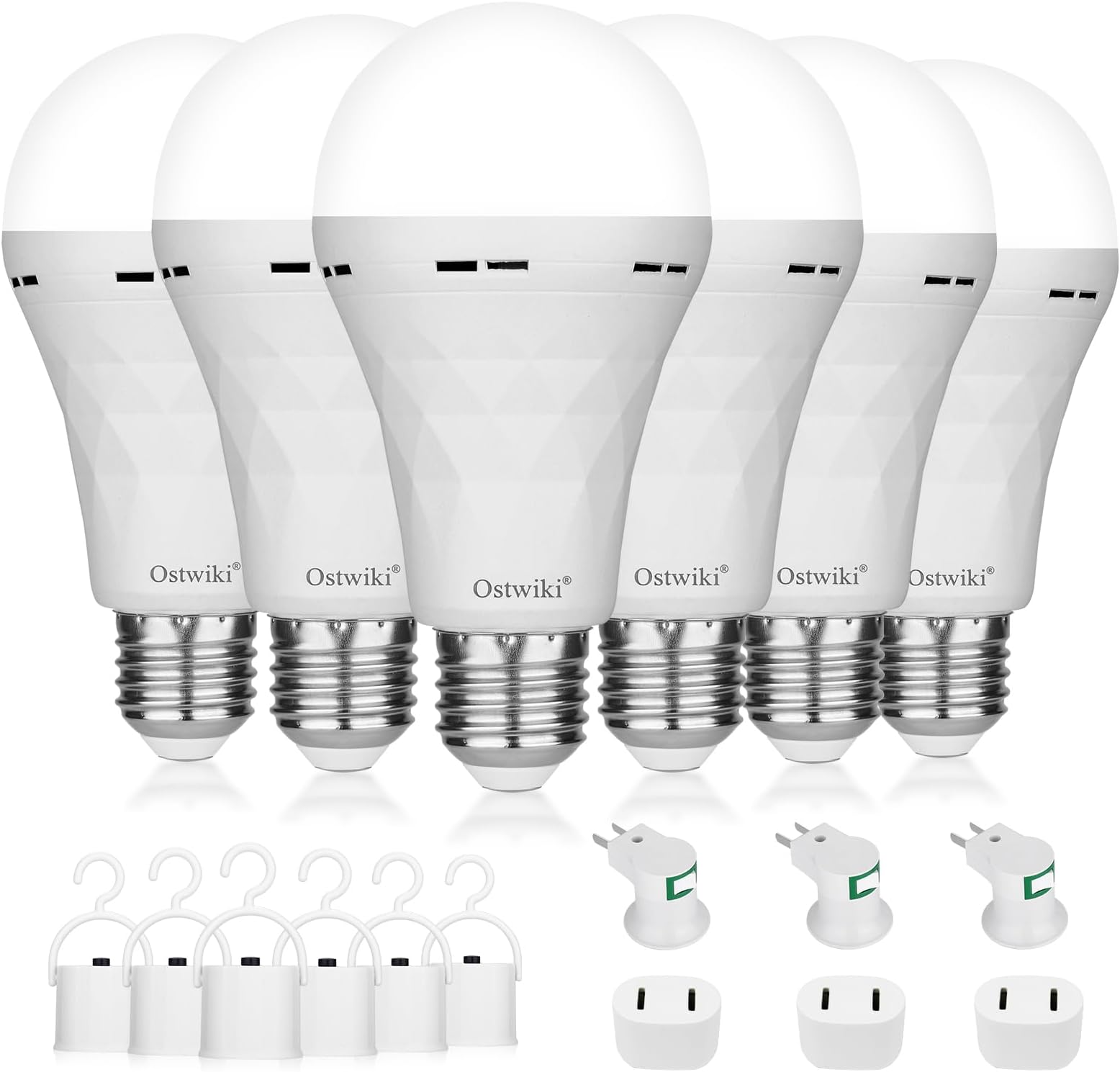 Ostwiki Rechargeable Light Bulbs,6 Pack Battery Operated Backup Emergency Light Bulb for Power Outage Camping Outdoor Hurricane 9W E27 8500K 1200mAh White Equivalent Self-Charging LED Light Bulbs
