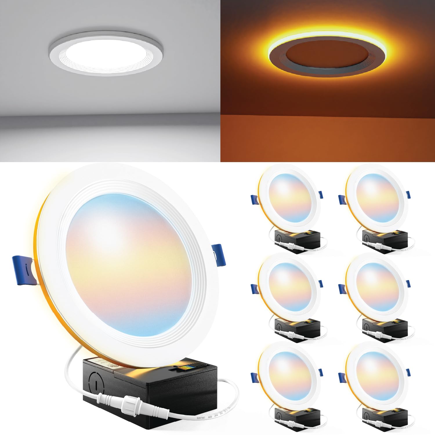 Sunco 6 Pack 6 Inch LED Recessed Light with Night Light, Flush Mount Ceiling Light, Baffle Trim Slim Can Lights, 1500 LM, Selectable CCT 2700K/3000K/4000K/5000K/6000K, Dimmable, 14W=100W ETL