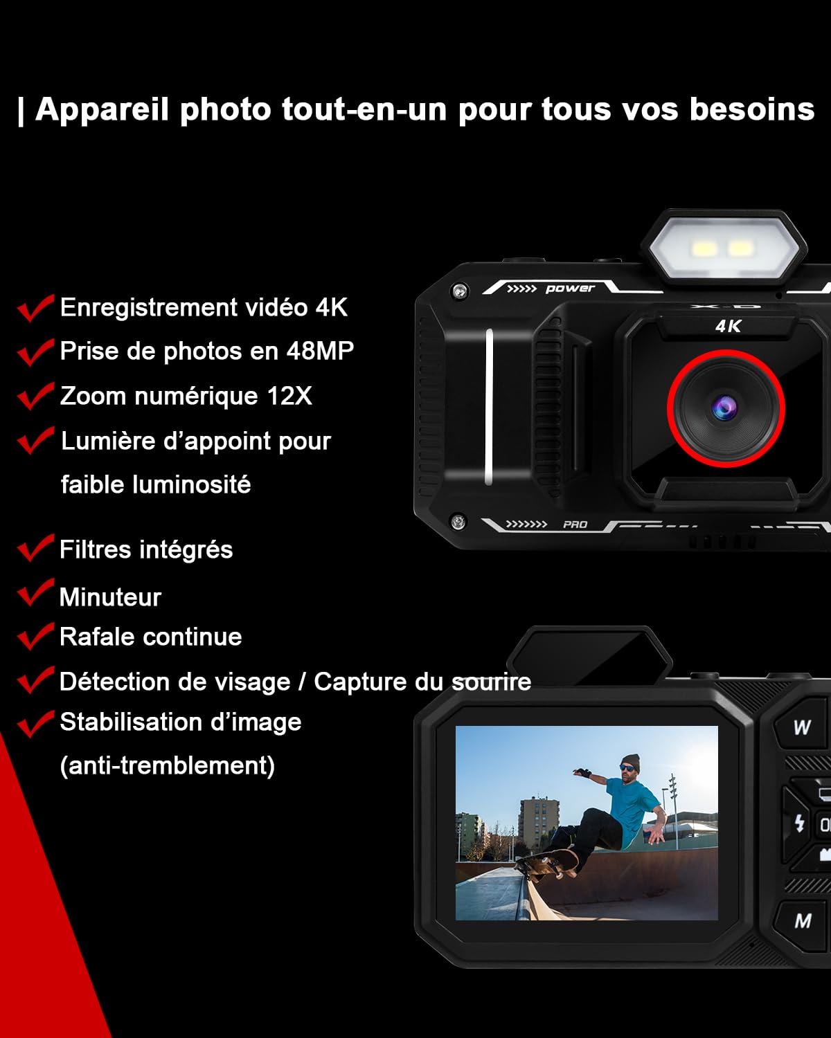 Appareil Photo Numérique, 4K Camera Vlog avec Carte De 64 Go, Autofocus 48MP, Zoom 12X, Flash Et Anti-Vibrations, Appareil Photo Compact, Digital Camera pour Adulte Étudiant et Adolescents