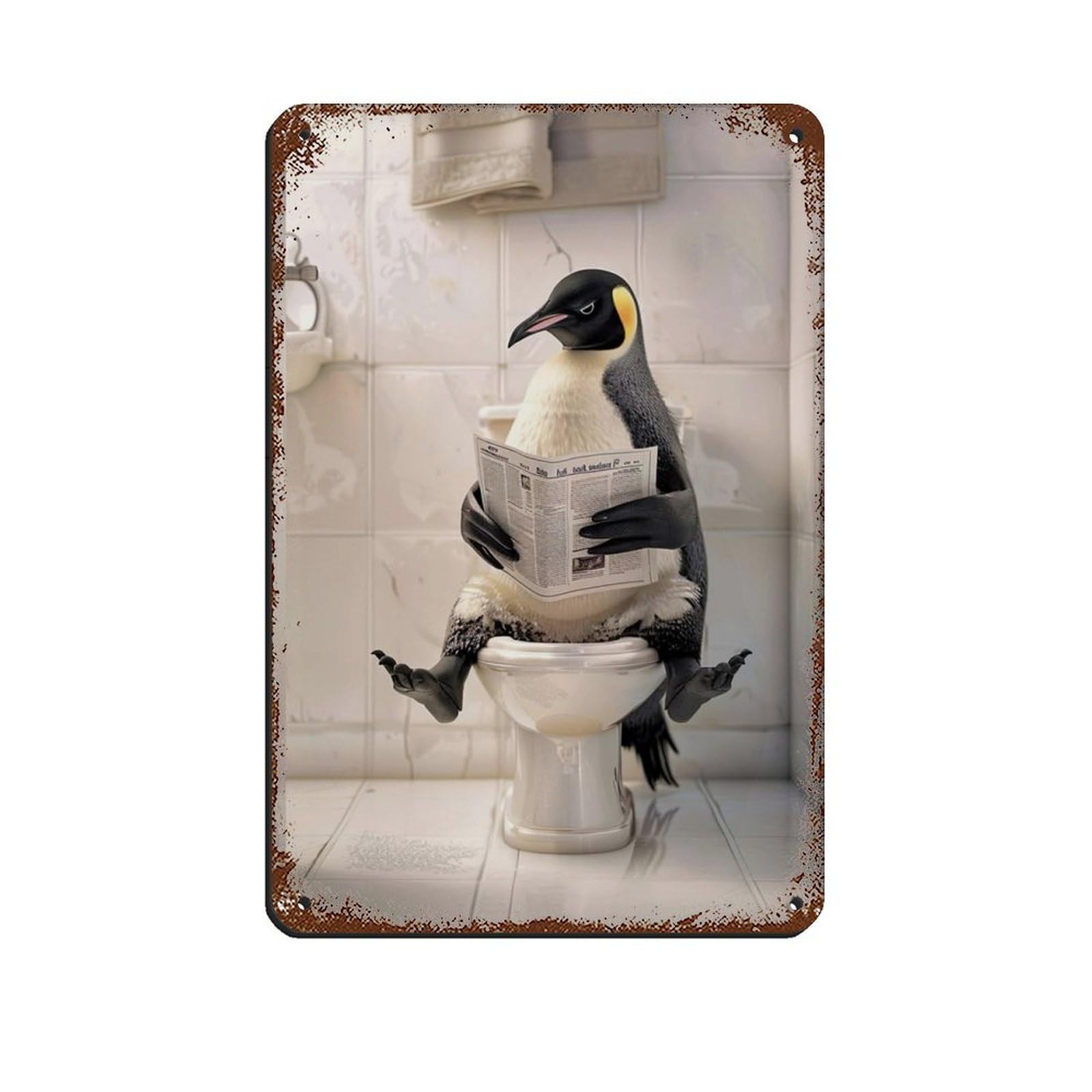 Penguin Sitting on The Toilet Reading A Newspaper (7) Tin Sign Vintage Metal Pub Club Cafe Bar Home Wall Art Decoration Poster Retro 8x12inch(20x30cm)