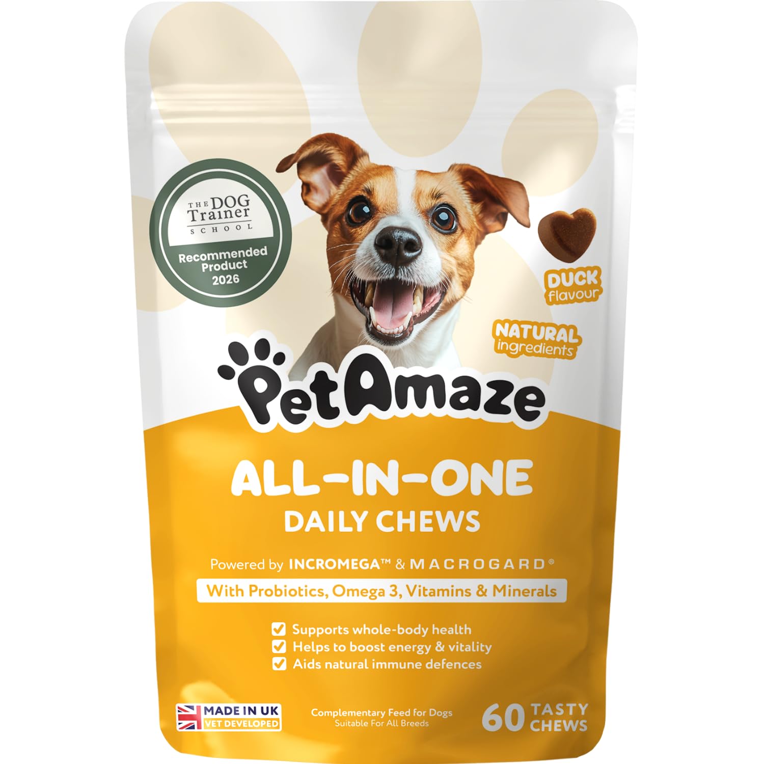 PetAmaze All-in-One Daily Chews for Dogs - Daily Wellness Supplement, Digestion, Immune & Heart Health with Omega 3, Probiotics, Multivitamin & Minerals - Vet Developed - Made in UK - 60 Chews