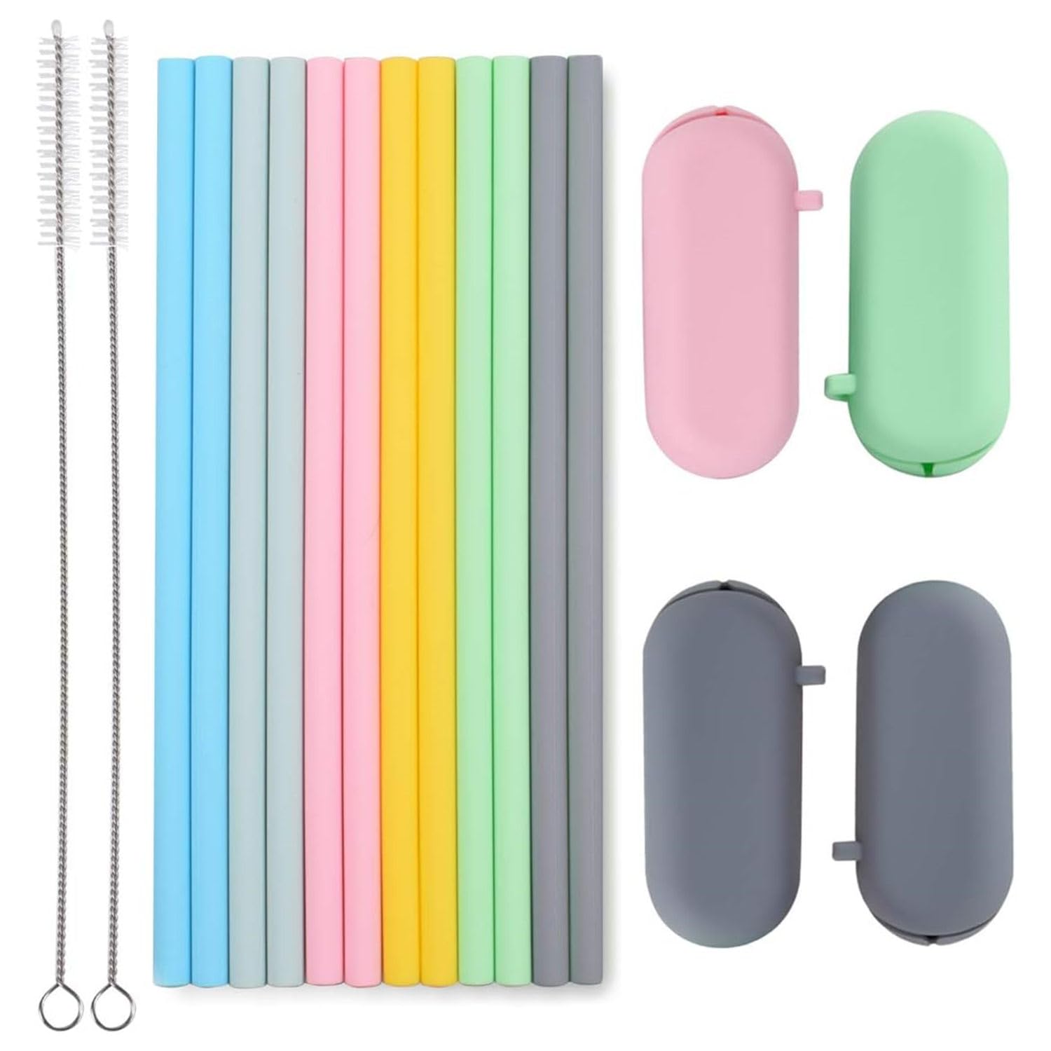 OasislandStore Silicone Straws Reusable - Odorless, 12 Standard Drinking Straws, 4 Carry Pouch, 2 Cleaning Brushes, 8 1/2" Long