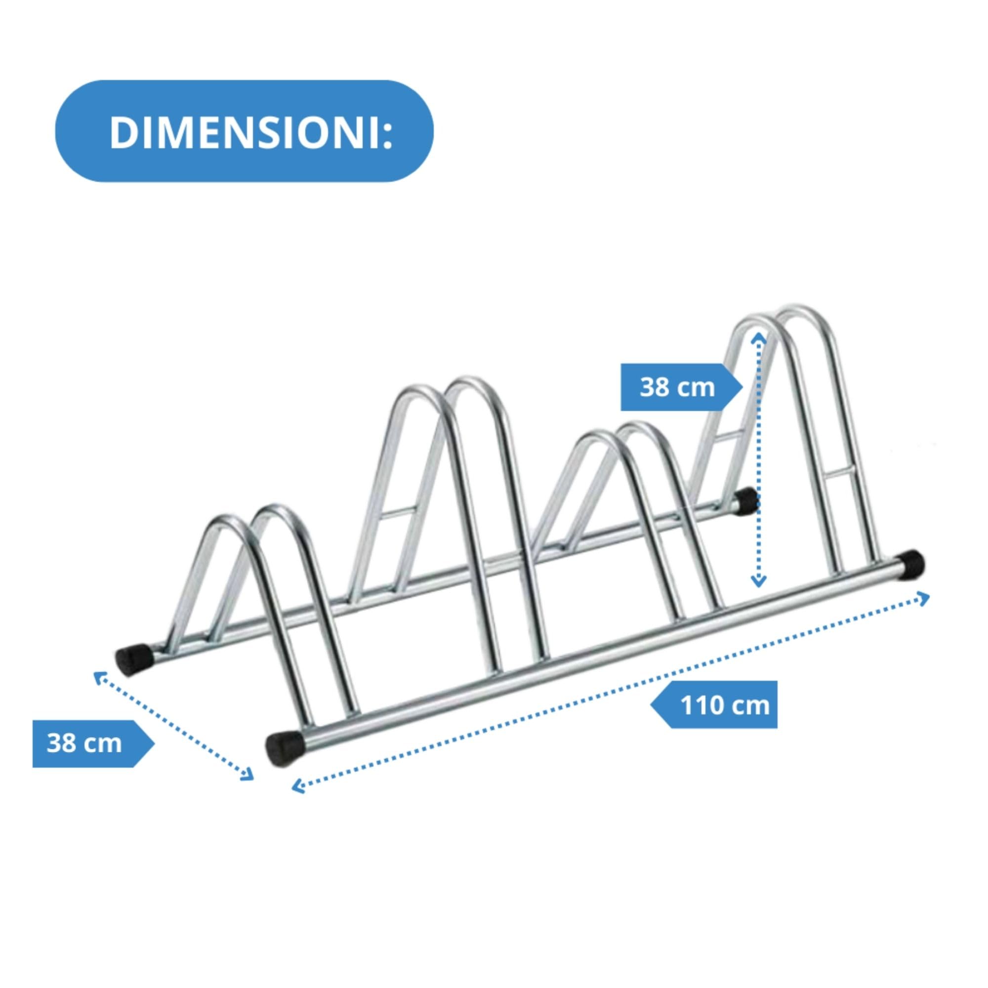 ANDRYS - Fahrradständer für 4 Fahrräder, mit schwarzen PVC-Kappen, kaltverzinkt, Farbe Silber, 110 x 42 x 38 cm