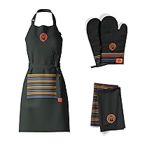 MasterChef Set di Strofinacci Cucina, Grembiule et Guanti Cucina, 100% Cotone, Motivo a Righe Multicolore, Lavabile in Lavatrice, Resistente al Calore, Logo Ricamato