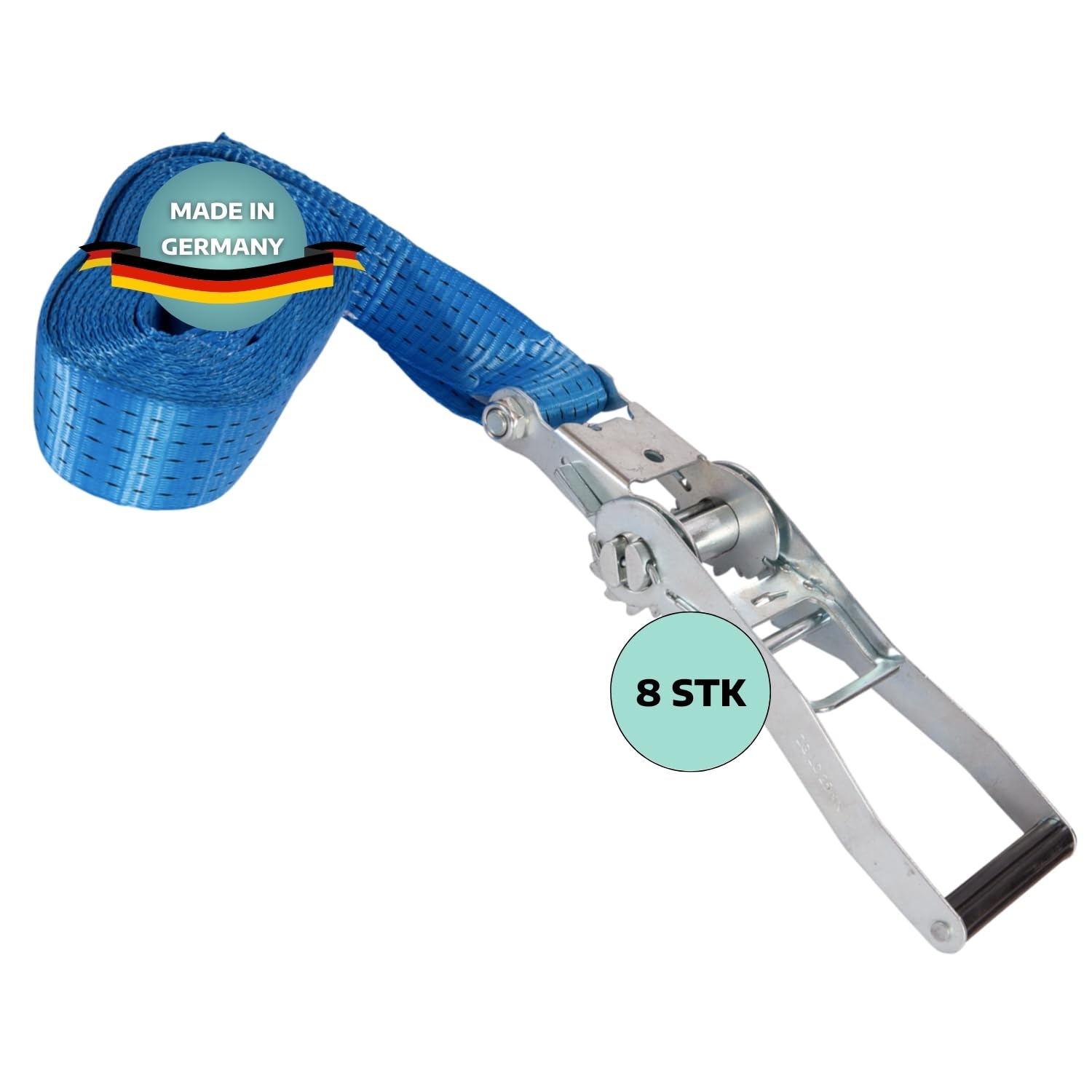 8 x Zurrgurt 1-teilig mit Ratsche 5 m I 2,5t Zugkraft I Gurte zum Befestigen I Blauer Spanngurt mit Sicherheitsetikett I Bandbreite 50 mm I Zurrgurte mit Ratsche