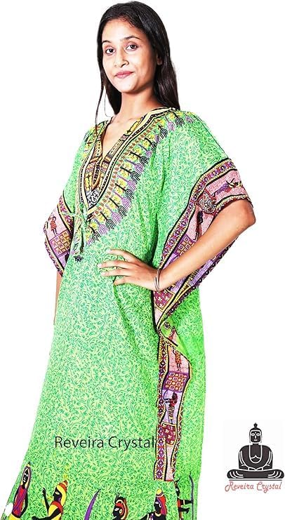 Women's Kaftan Maxi Dress, Green African Print, V-Neck Batwing Sleeves, Plus Size Beach Cover Up, 100% Polyster - Image 5