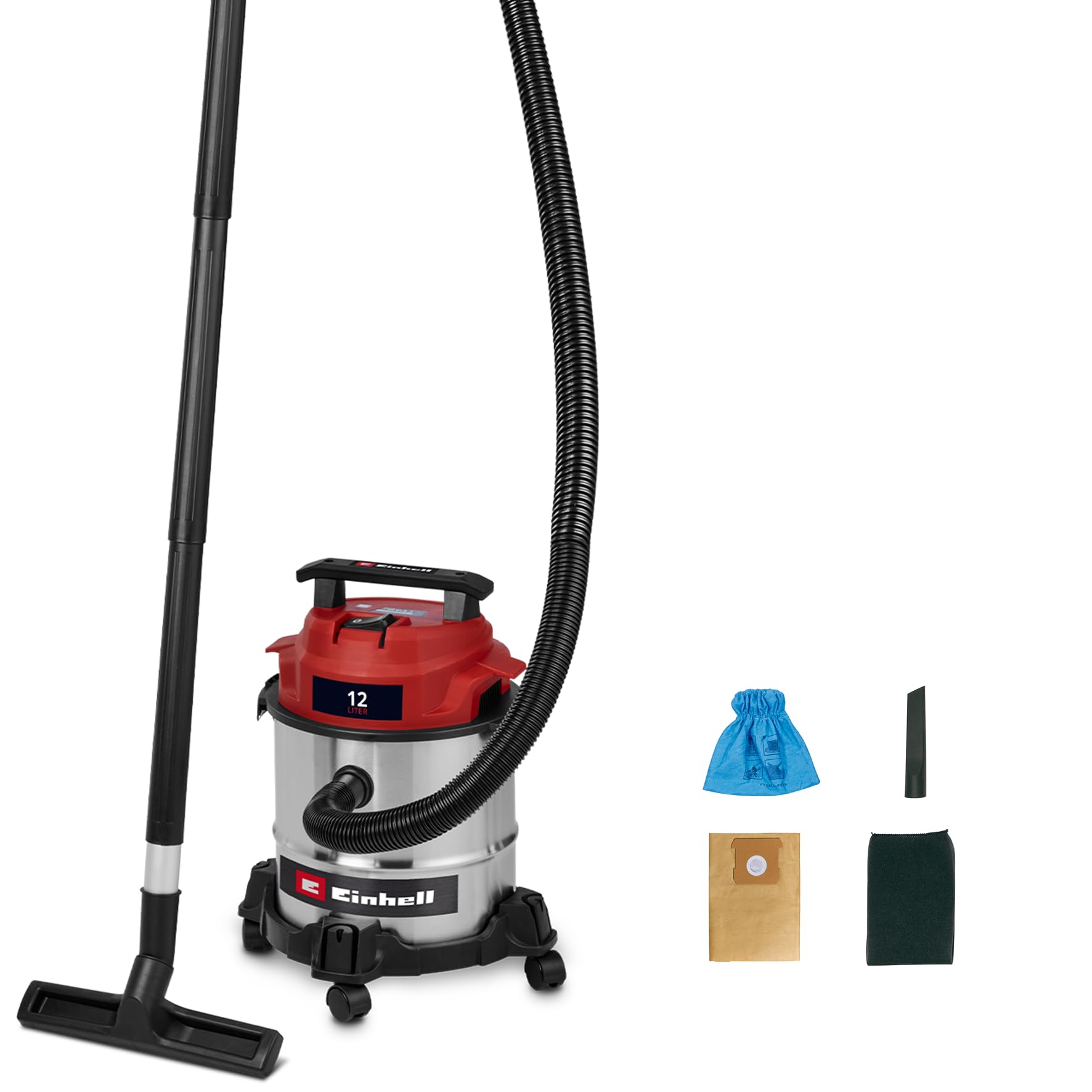 Einhell Nass-Trockensauger TC-VC 1240 S (950 W, 180 mbar, 4 Lenkrollen, 12 L Behälter, inkl. Fugen- & Kombidüse, Schaumstofffilter, Schmutzfangsack & Filterbeutel)