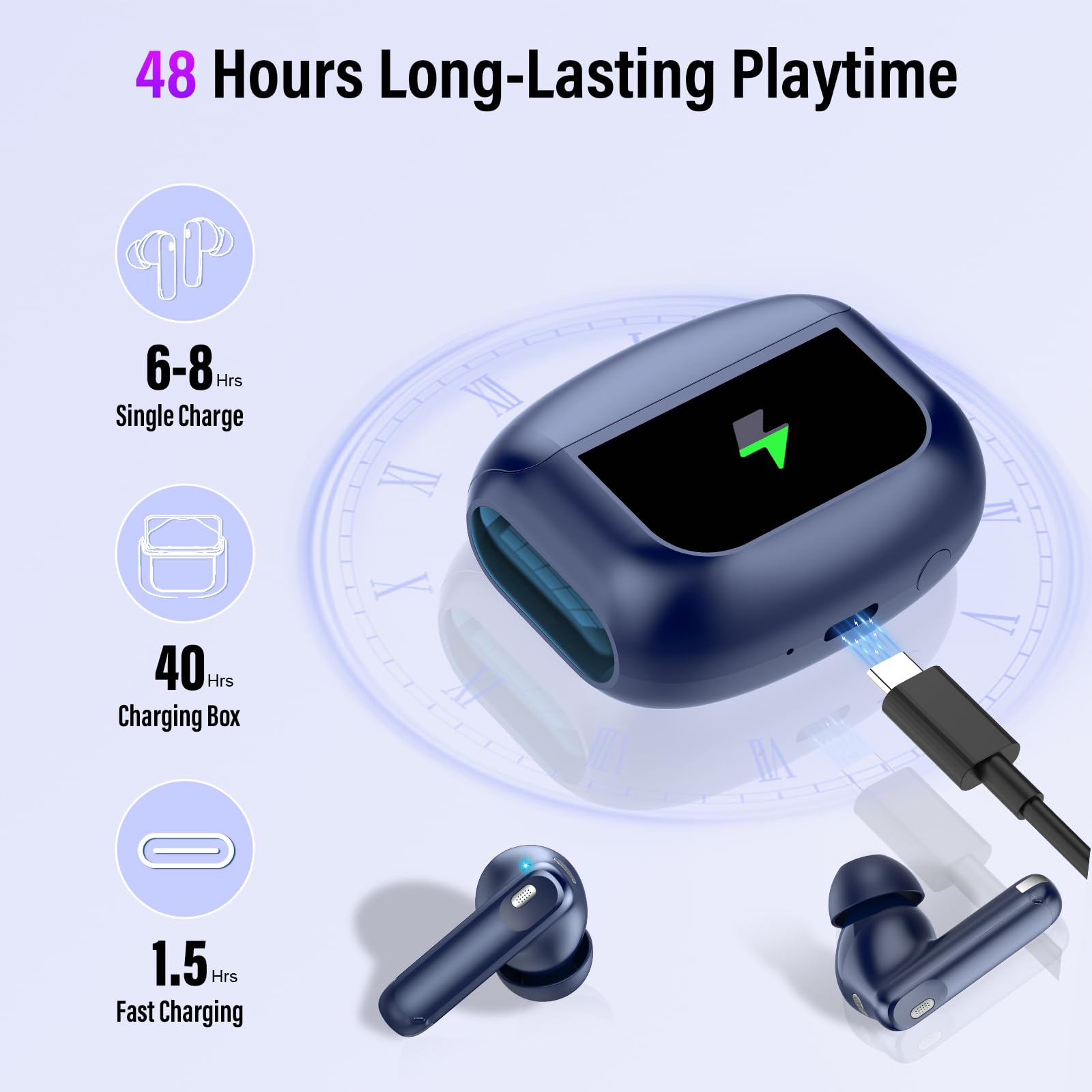 Casque Bluetooth à écran tactile intra-auriculaire sans fil avec ANC+ENC réduction du bruit Bleu