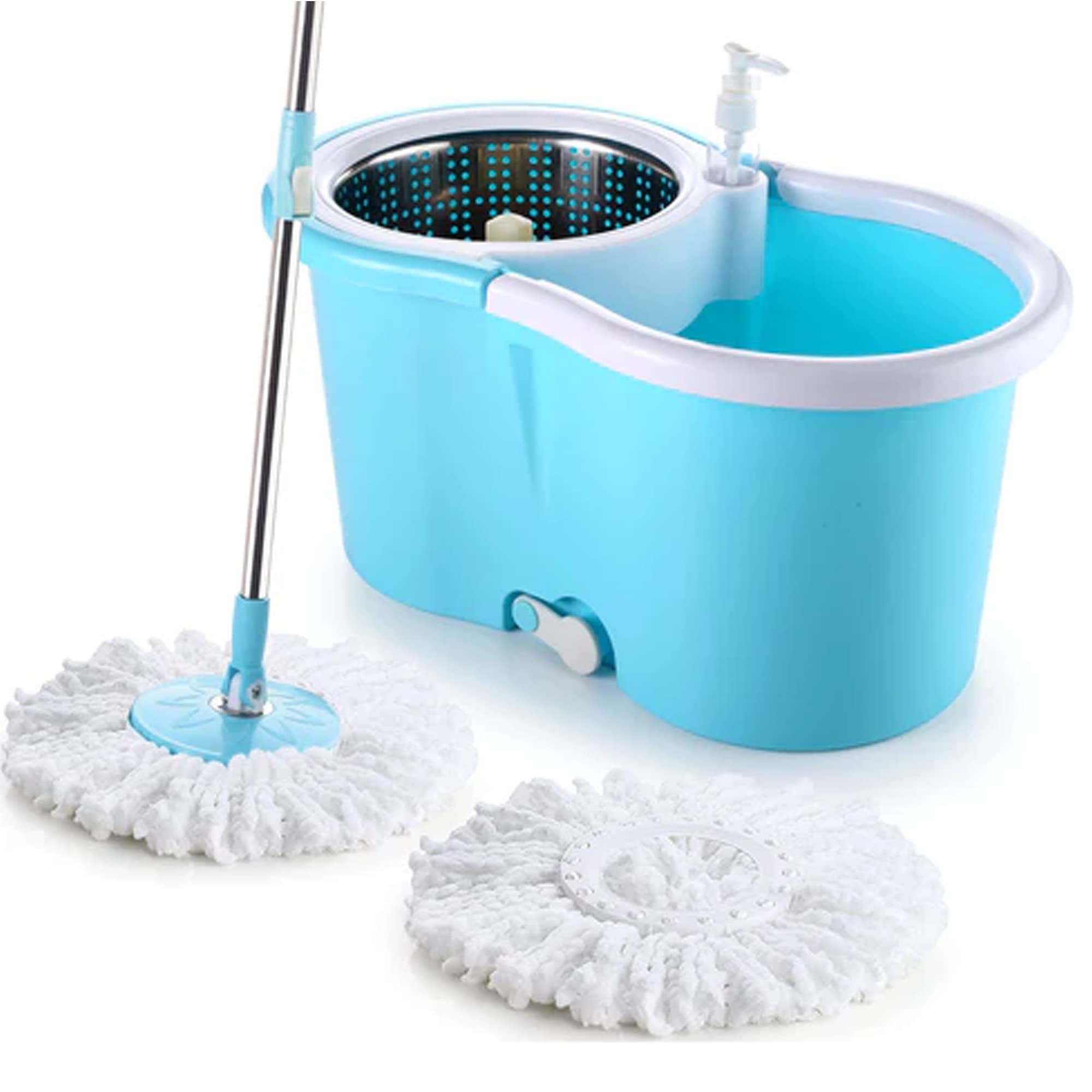 Suzec Spin Mop, Rectangular Bucket with Steel Basket and in-built wheels, 2 Refills