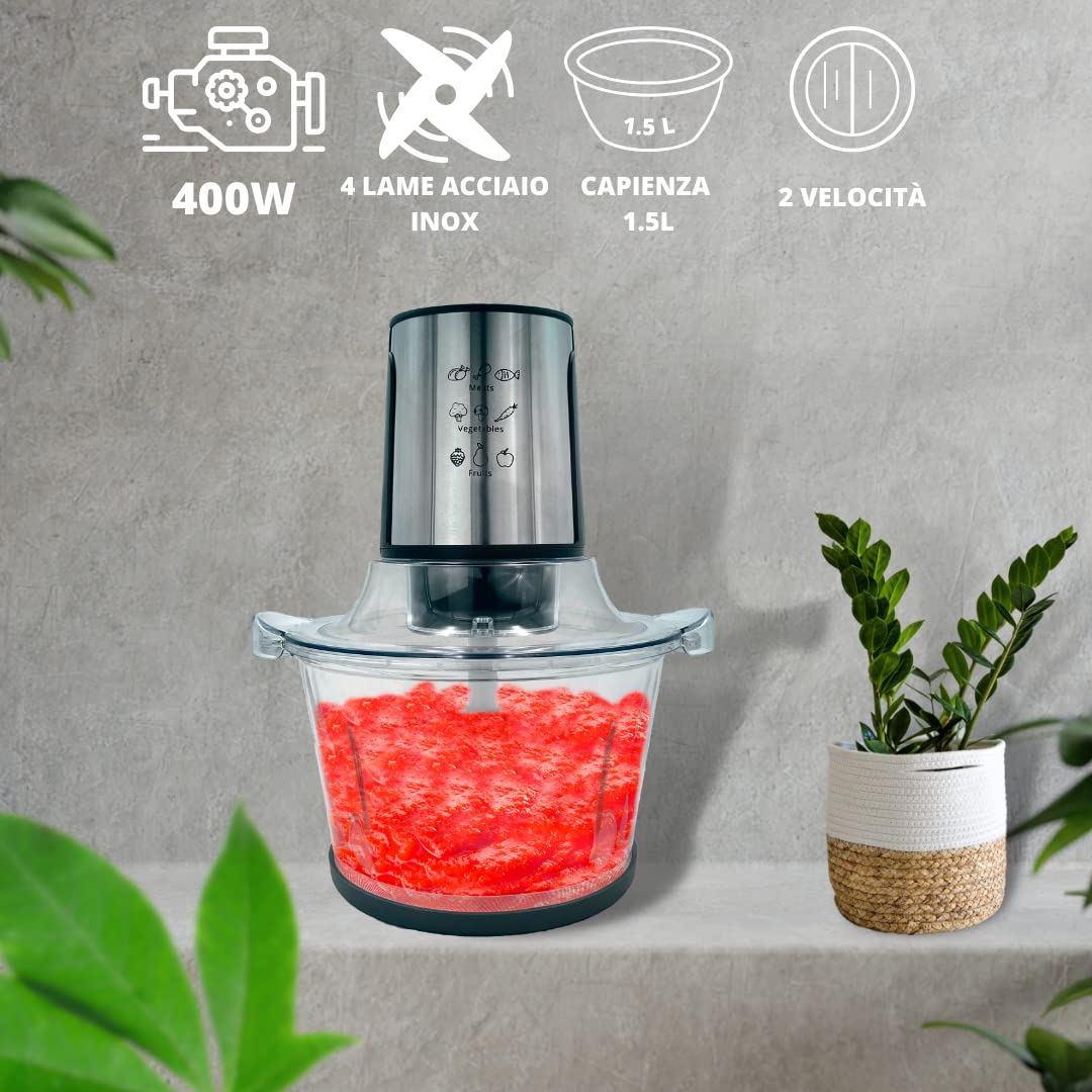 MAKA Tritatutto da Cucina Elettrico Ciotola in Vetro 1.5 Litri Tritacarne Passapomodoro 4 Lame Acciaio Inox 400W Frullatore Piedini Antiscivolo 2 Velocità Ciotola senza BPA Passaverdure Passata