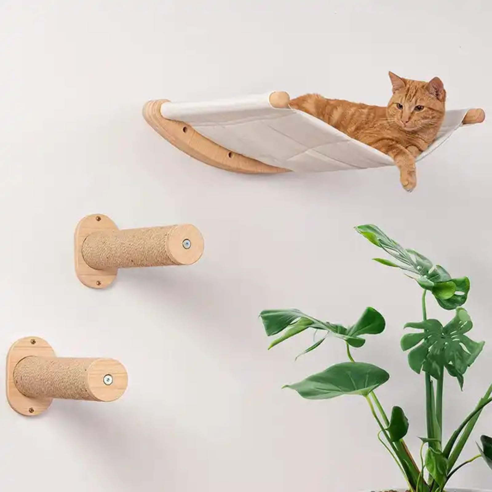 Amaca da parete per gatto, albero per gatti con tiragraffi in sisal, kit di posatoi da arrampicata da parete composto da 1 amaca, 2 gradini, telaio da arrampicata per gatti, letto in legno per gattini