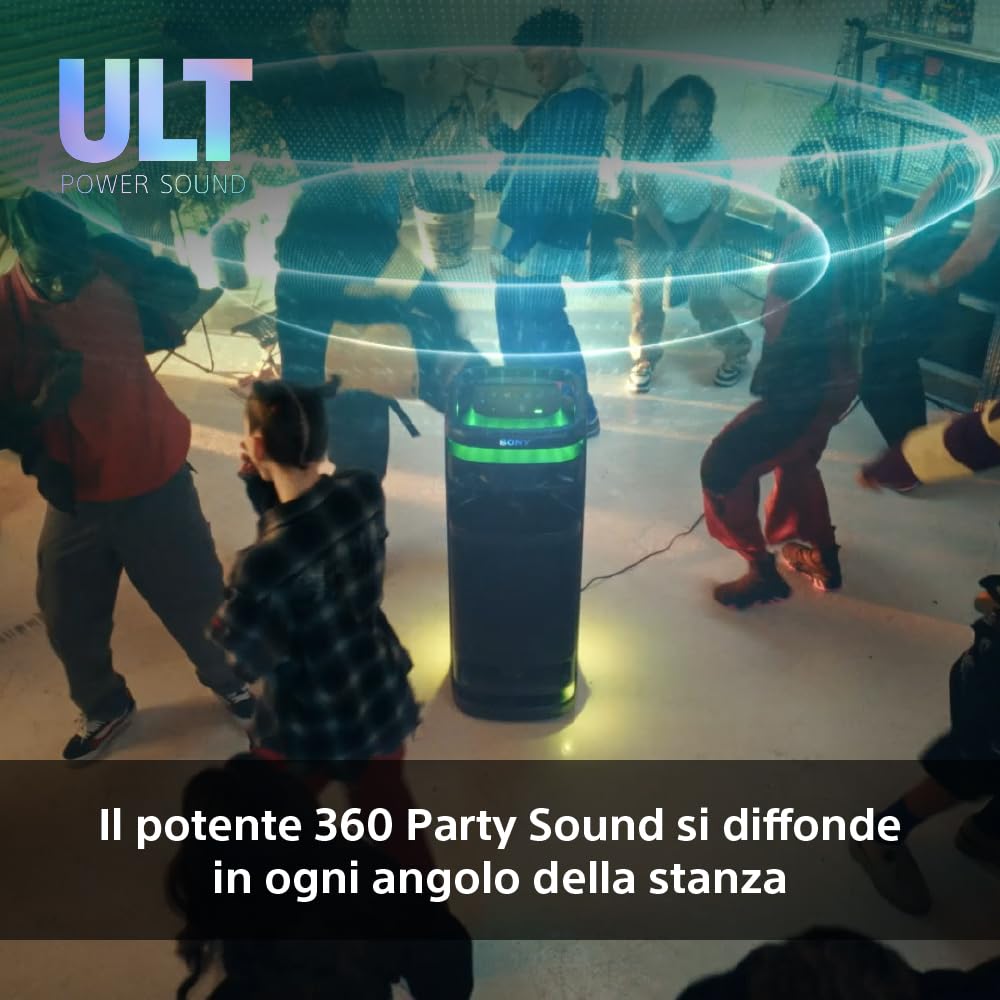 Sony ULT TOWER 10 - Altoparlante Bluetooth per feste con ULT POWER SOUND, bassi profondi, altoparlanti X-Balanced, luci a LED a 360 gradi, microfono wireless, portatile, con maniglia e ruote - Black