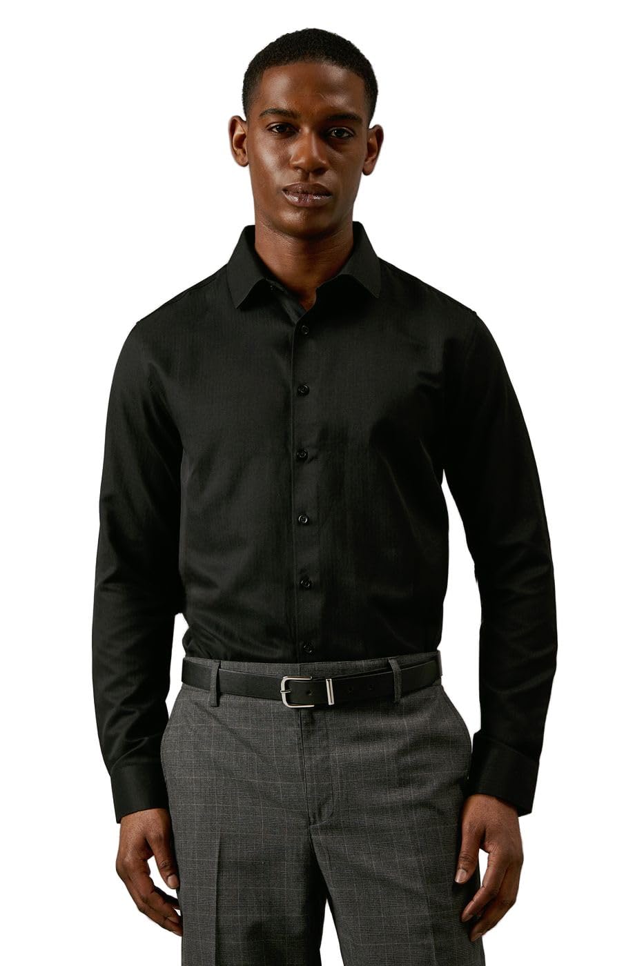 Burton Herringbone Tailored Formal Shirt, Black, 16.5 in, Buttoned Cuffs