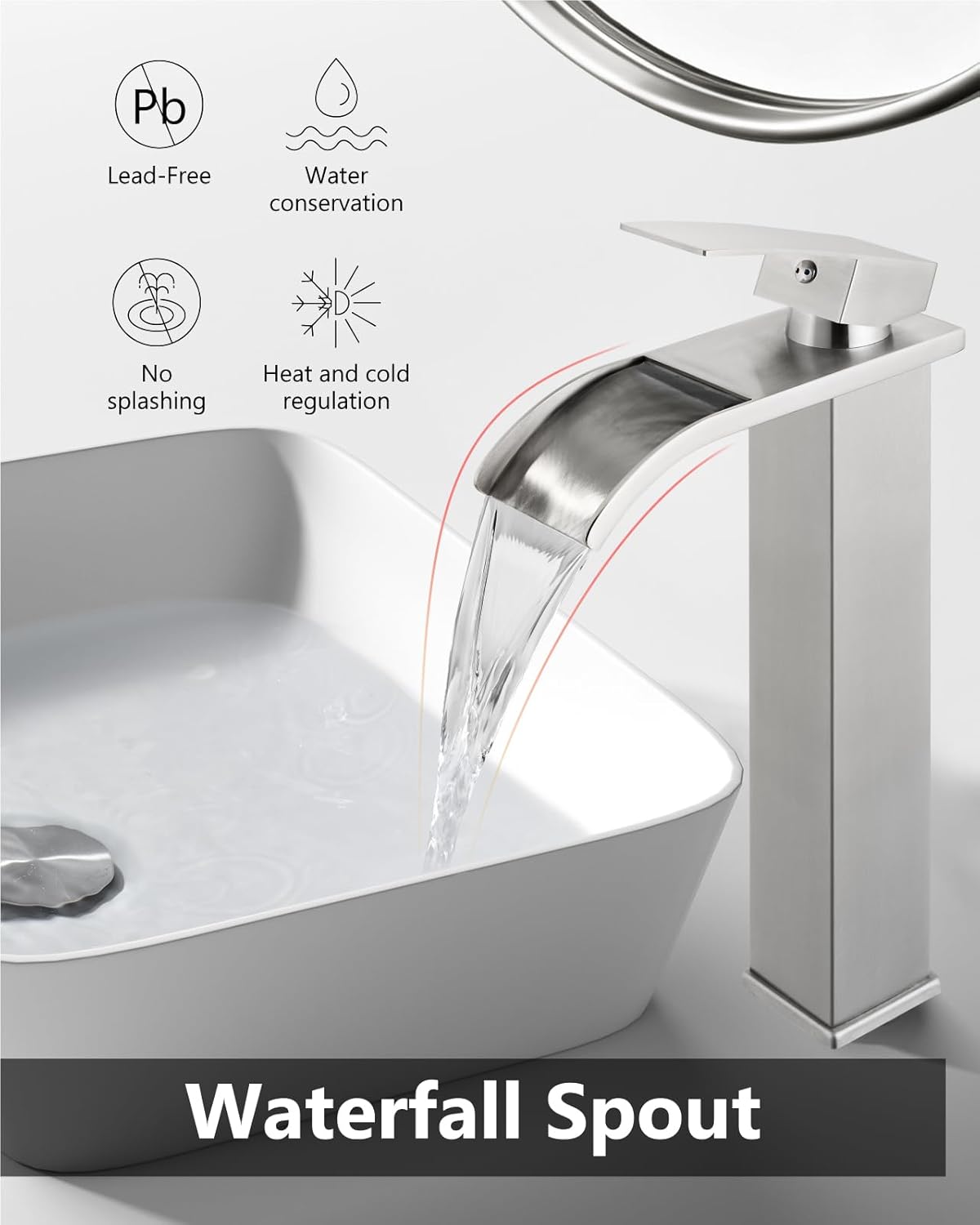 Vessel Sink Faucet Waterfall Tall Bathroom Faucet Single Handle,Single Hole Lavatory Vanity Mixer Tap with Pop Up Drain and Supply Lines,Brushed Nickel