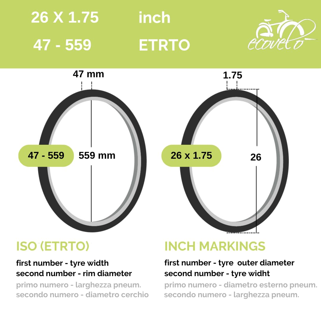 Ecovelo' 2 COPERTONI 26 X 1.75 (47-559) + CAMERE PNEUMATICI BIANCONERI STRADALI BICI BICICLETTA SLICK CITY BIKE