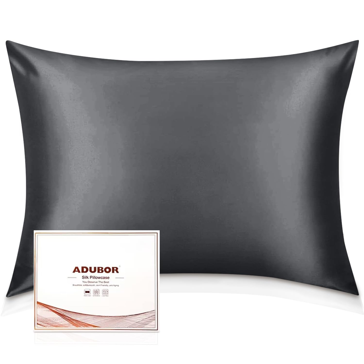 Adubor 100% Silk Pillow Case - Mulberry Silk Pillowcase, 23 Momme 6A Grade Fibers, Silk Pillow Cases for Hair and Skin Health, with Hidden Zipper (Queen 20''x30'', Space Gray, 1PC)