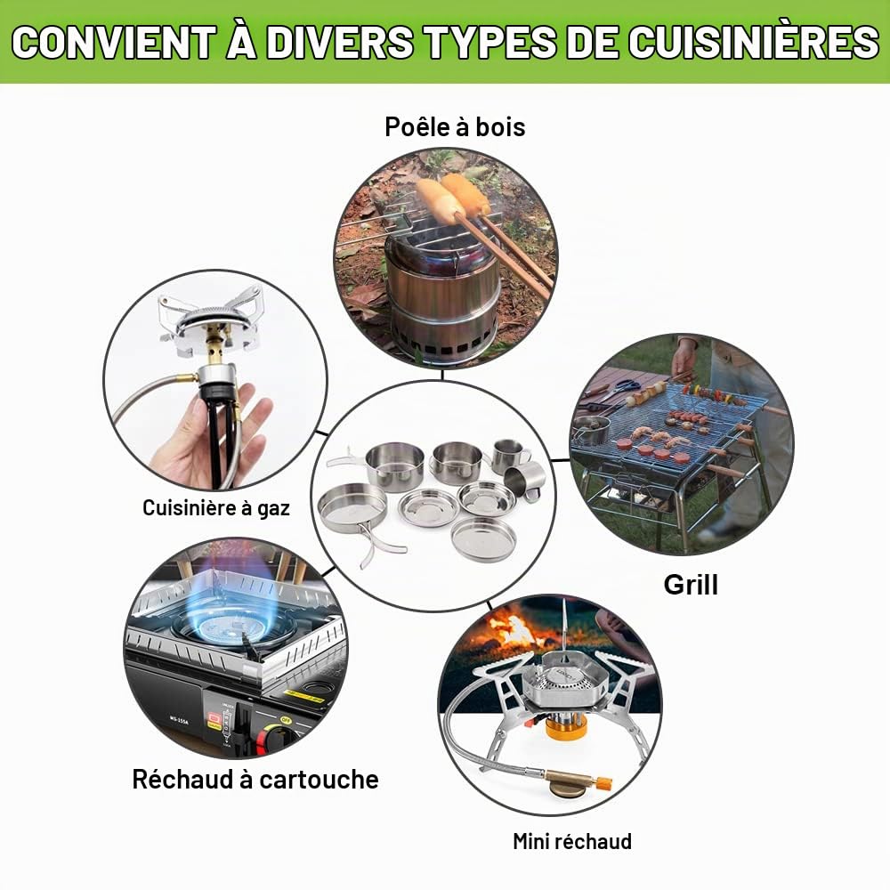LIXADA Camping Batterie de Cuisine Mess Kit 8 PCS en Acier Inoxydable Camping Casseroles Ensemble avec Assiettes Tasses pour Pêche, Randonnée, Pique-Nique, Outdoor BBQ