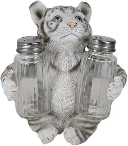 Ebros Gift Selva tropical selva tropical Albino Blanco Bengala Tiger Cub Hugging Salero y Pimentero Estatua Depredador Tigres del Bosque Gatos