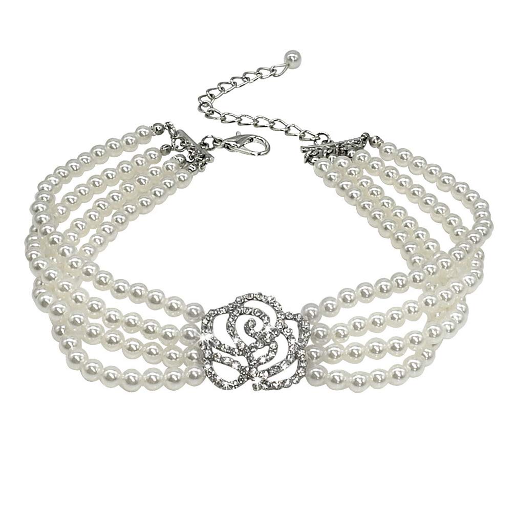 DOILNXH Crystal Dog Necklace Choker Style Rhinestone Pearl Pet Dog Accessories Necklaces Collar for Dog Chihuahua White M