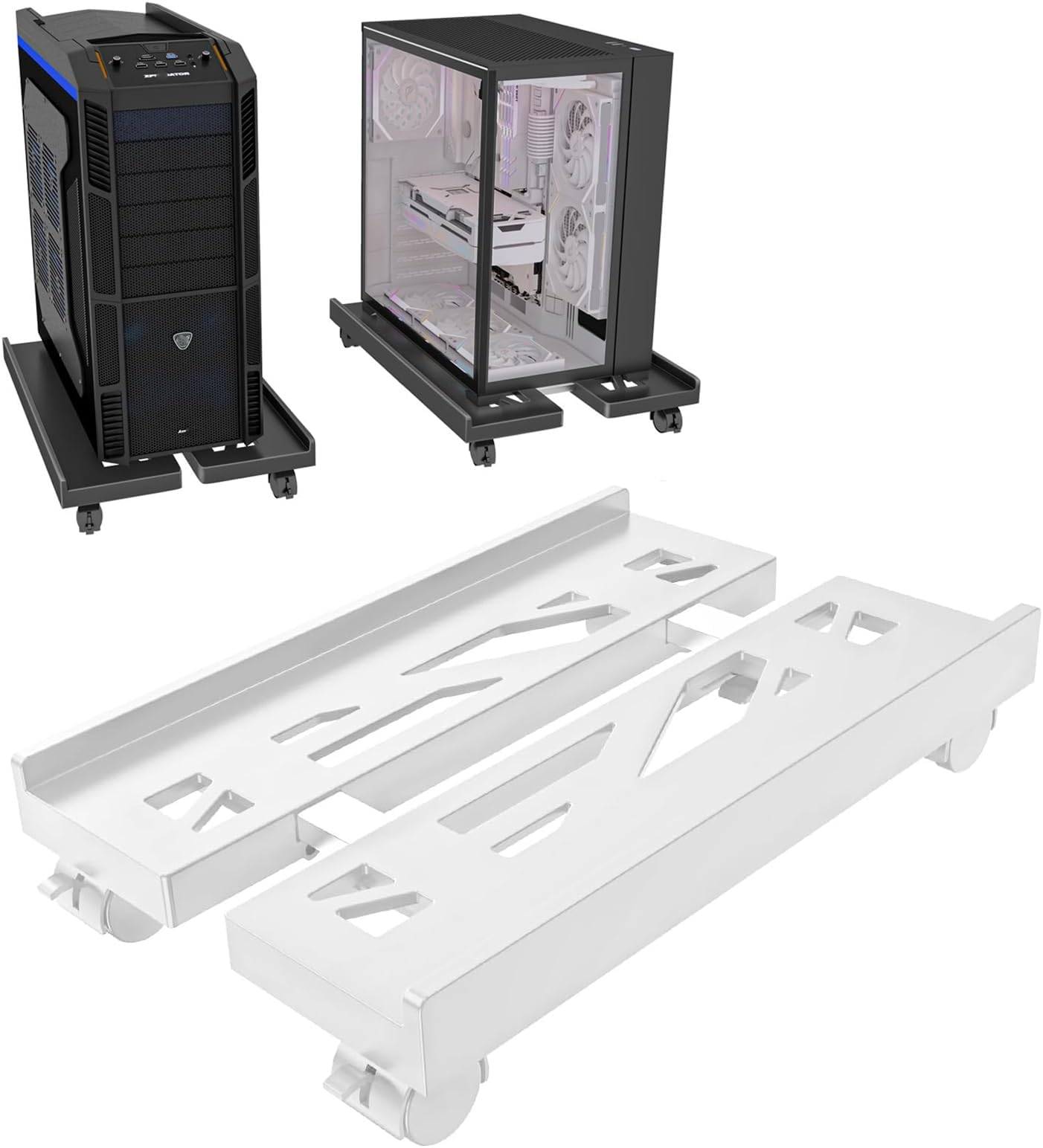 LBOYLOVE Desktop Computer Tower Stand Under Desk 40 * 20-40 * 6cm, Width Adjustable 360° Roting Wheel Desktop Computer Stand for Floor, 40KG Load Mobile PC Stand for Carpet for Office Home, White