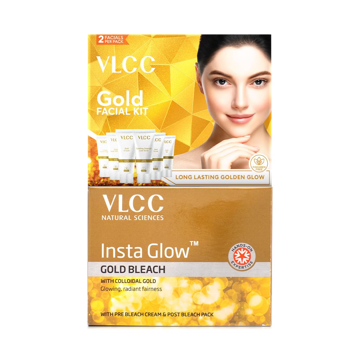 VLCC Gold Facial Kit, Bright & Glowing - 60g | Pamper your Face for a Luminous Glow & VLCC Insta Glow Bleach - 30g - For Instant Fairness & Radiance with Turmeric & Saffron.
