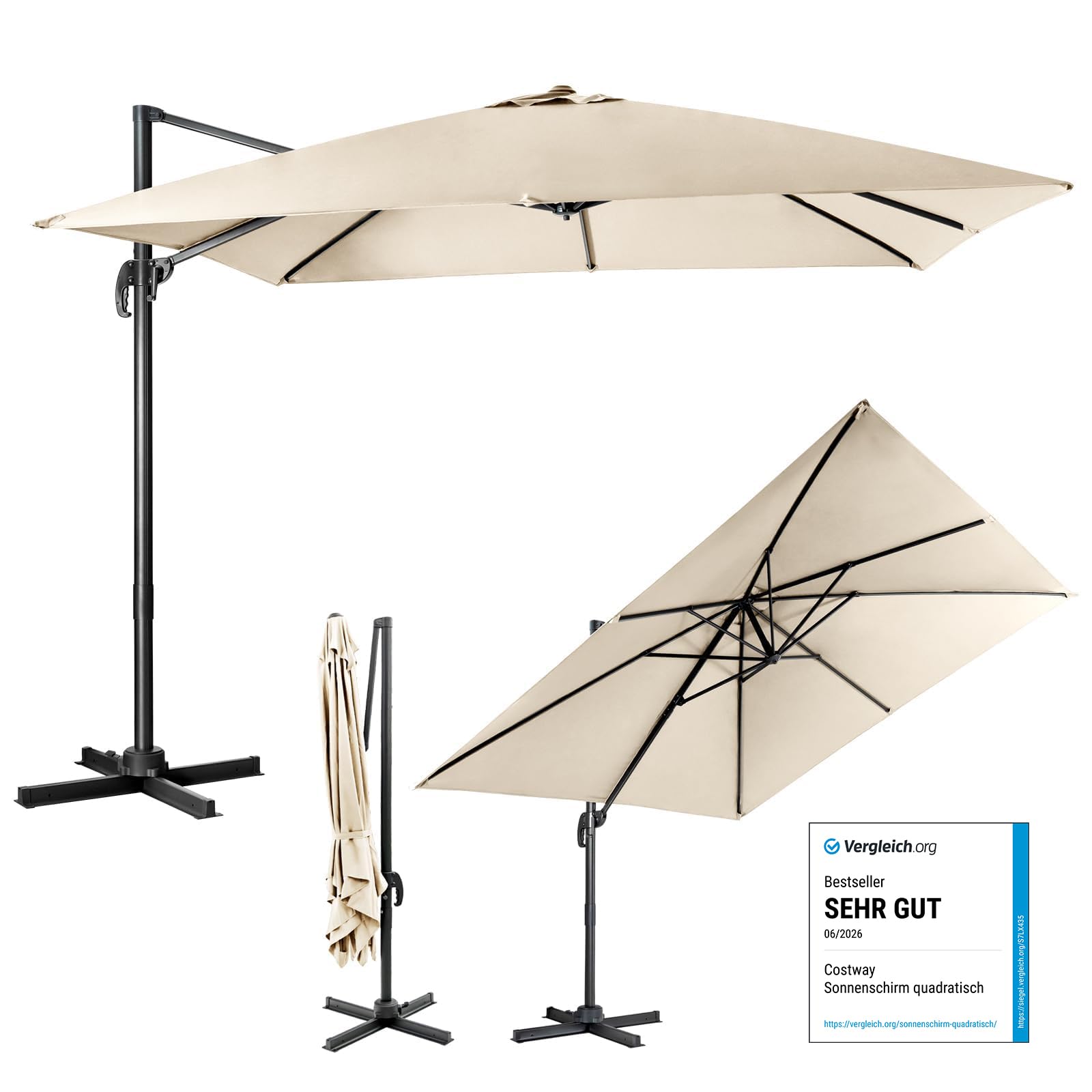 COSTWAY Sonnenschirm 300 x 300 cm quadratisch, Ampelschirm mit Kurbel, Gartenschirm neigbar, 360° drehbar, großer Terrassenschirm, Marktschirm für Gärten, Terrassen, Cafés (Beige)