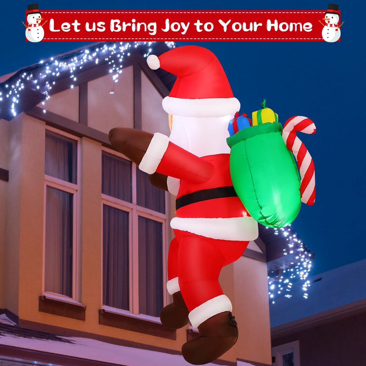 GOOSH 6.2 FT Christmas Inflatables Santa Claus Outdoor Decorations Blow Up Yard Hanging Santa Climbing to the Roof with Presents Bag with Built-in LEDs for Garden Lawn Indoor Party Decor