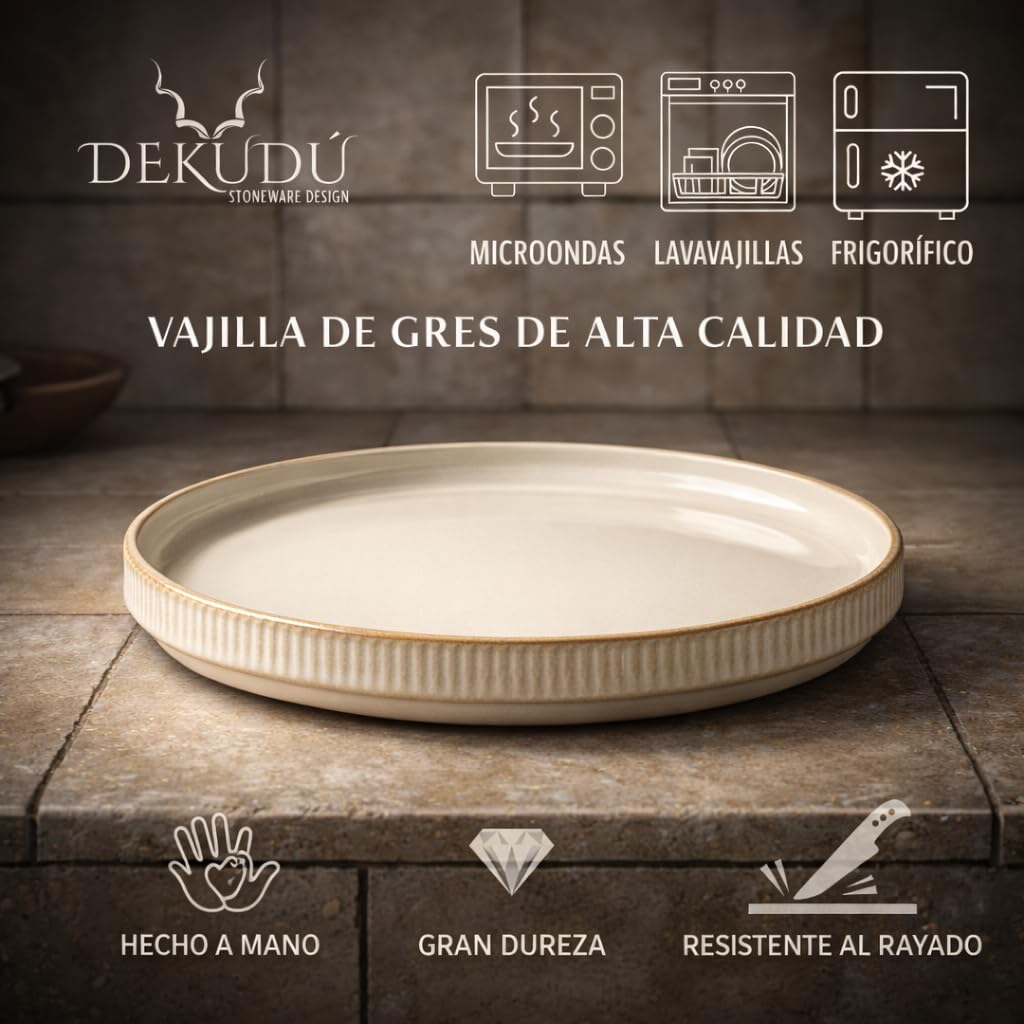 Platos Vajilla Platos Llanos Ceramica de Gres de Calidad - Fabricados a Mano - 6 Piezas de 26 cm - Gran Dureza Aptos Lavavajillas Microondas - Estilo Moderno - Color Beige