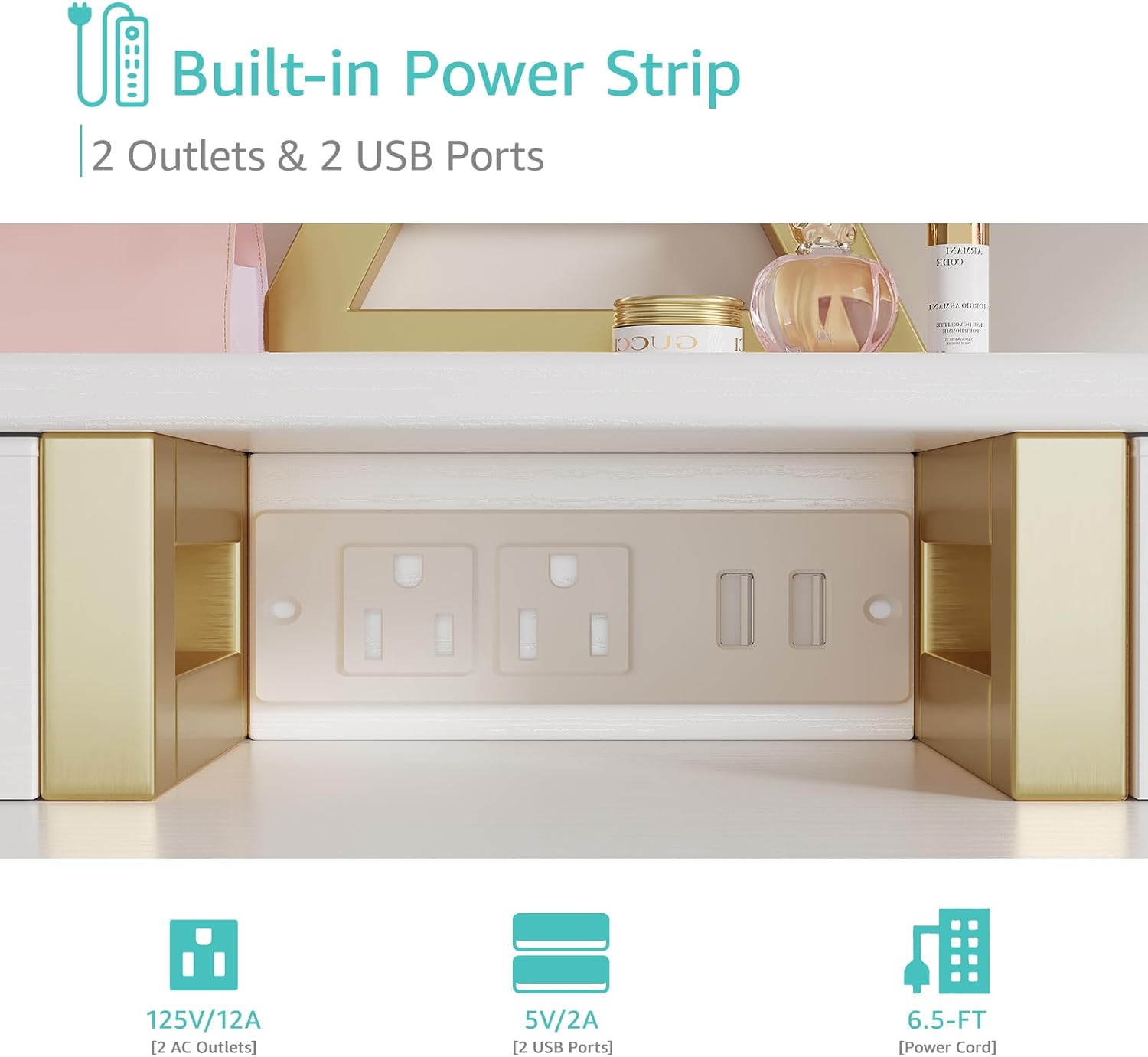 Small Makeup Vanity Desk with Lights, 31 inch Girls Vanity Set with Mirror and Chair, Make Up Dresser Table with Drawers and Power Outlet for Bedroom Small Space, White and Gold