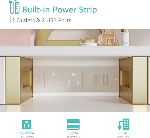 Miniatura 5 de Pequeño escritorio de maquillaje con luces, juego de tocador para niñas de 31 pulgadas con espejo y silla, tocador de maquillaje con cajones y toma