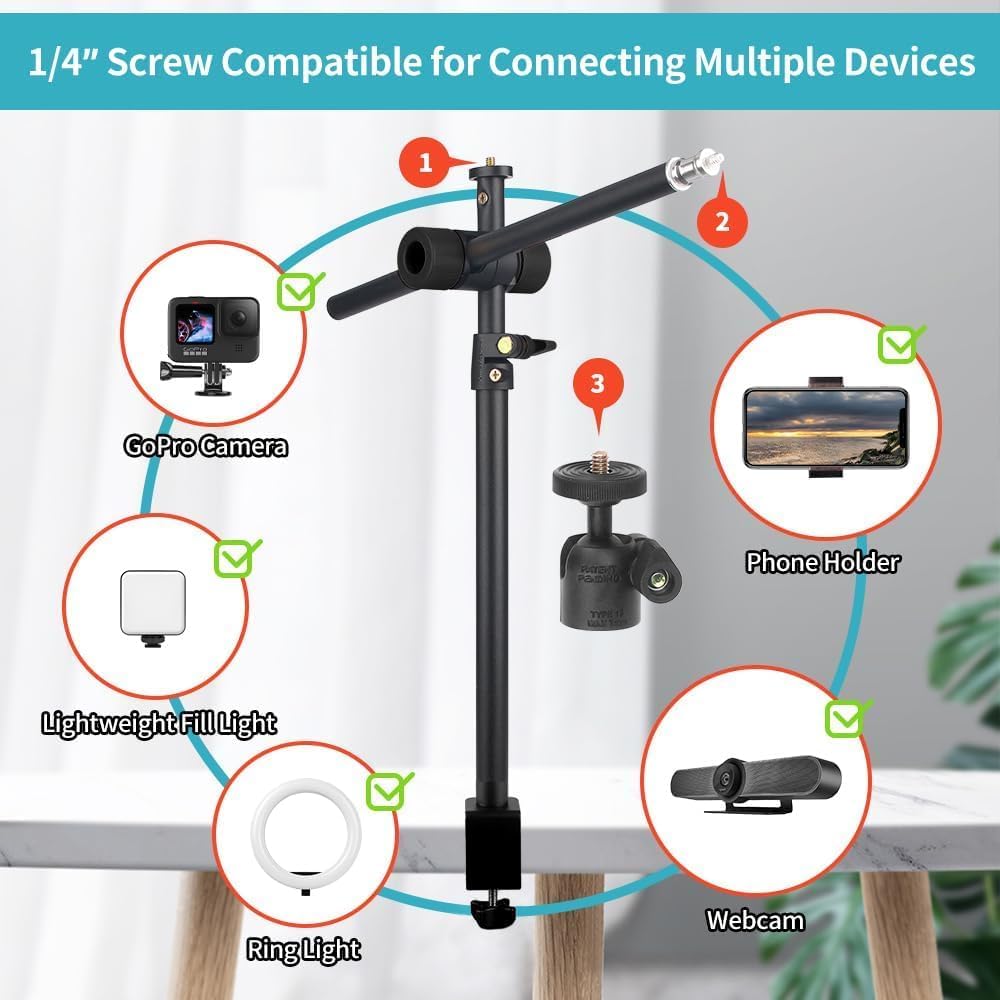 OS01 Supporto Fotocamera da Tavolo con Braccio Estensione Telescopico, Regolabile, Morsetto Per Telefono, Testa A Sfera, Supporto Da Tavolo Per Fotocamera, Telefono, Luce Anulare