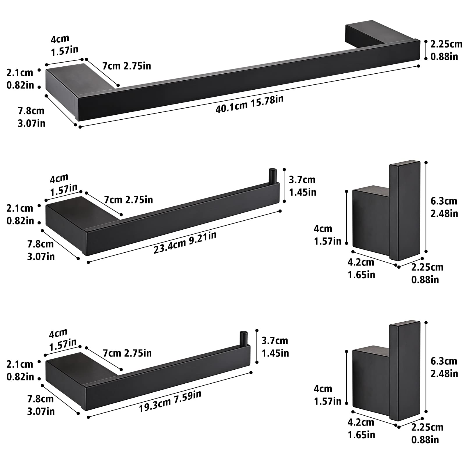 Accesorios Baño Set de 5 Piezas, Toalleros de Baño de Pared Aluminio, Toallero 40cm, Toallero de Papel y Gancho para Toalla de Baño, Colgador Toalla Baño Juego Cuartos Set de Baño, Negro