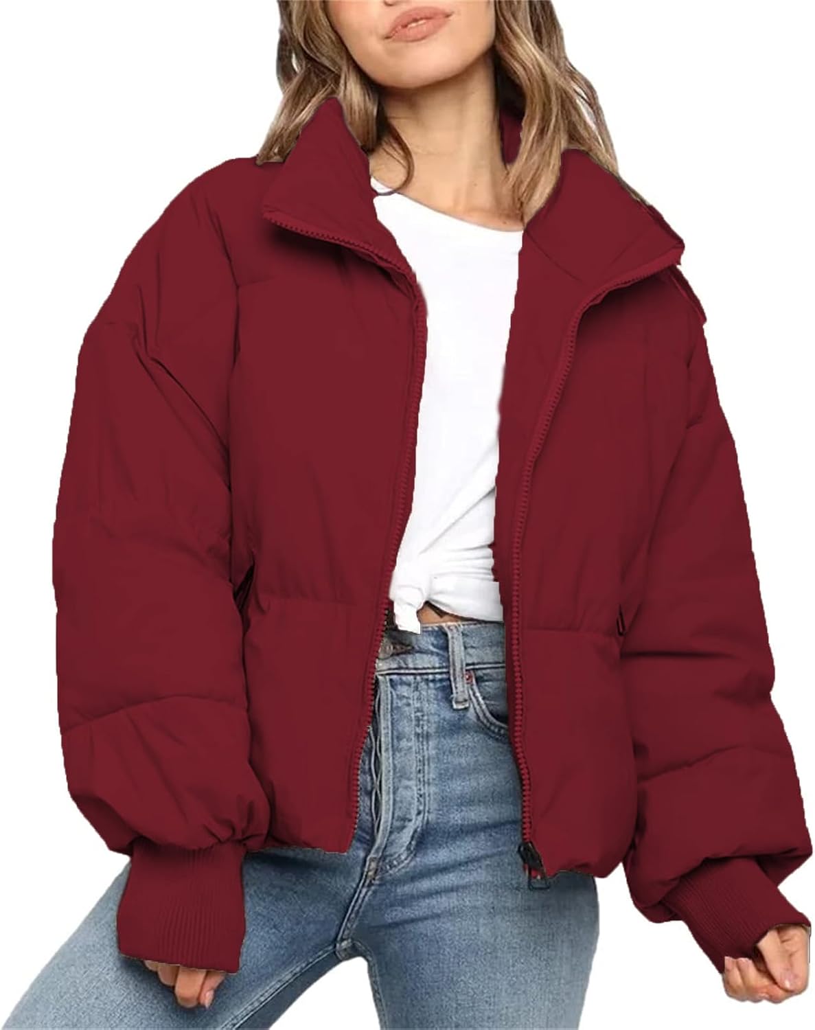 Womens Puffer Jacket Cropped Warm Winter Coats Full Zip Up Quilted Jackets Puffy Bubble Coat Casual Loose Outerwear