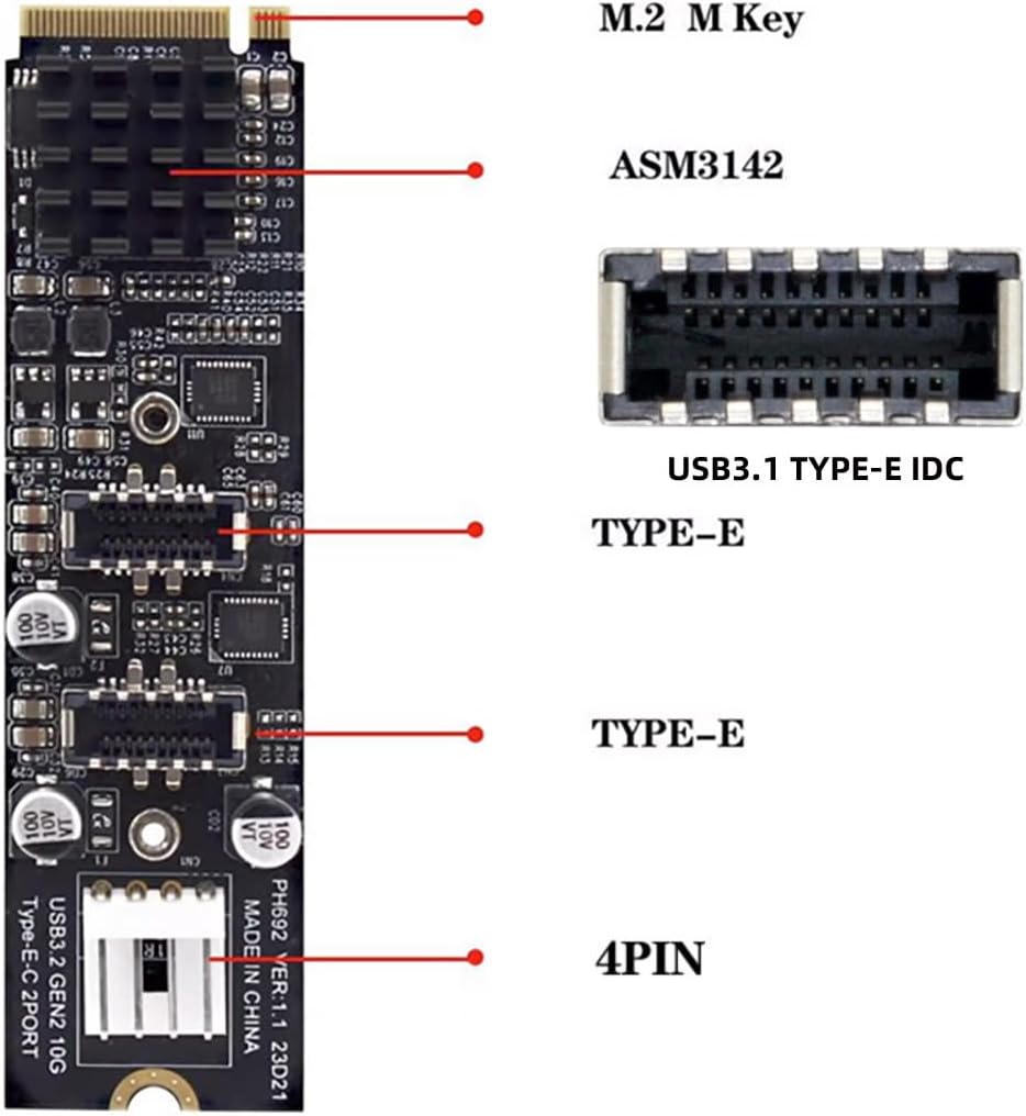 10Gbps Dual Type-E USB 3.1 Front Panel IDC Socket to NVME NGFF M-Key Express Card Adapter ASM3142 for Motherboard