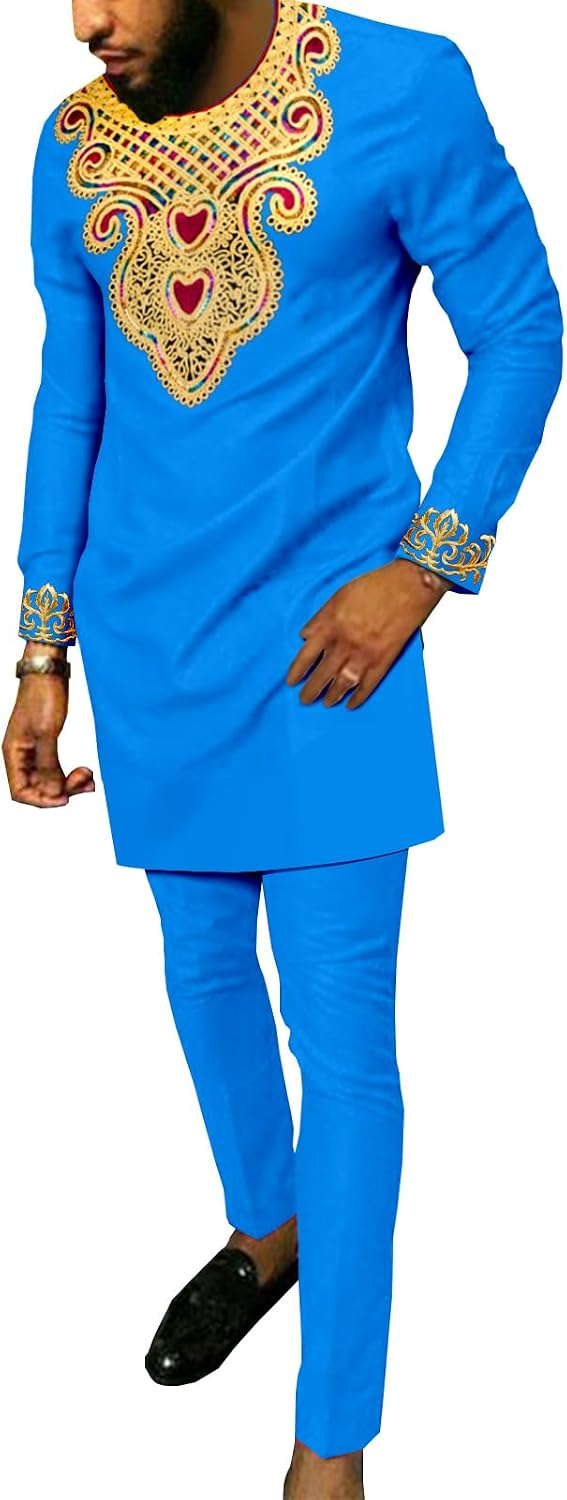 African Suits for Men Embroidery Shirts and Pants 2 Piece Set Dashiki Outfits Tribal Kaftan for Wedding