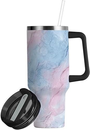 Miniatura 2 de Peach and Light Blue Marble Texture Vacuum Reusable Kids Water Bottles with Lid and Straw Decorative Coffee Travel Mug 40 Oz for School, Sports,